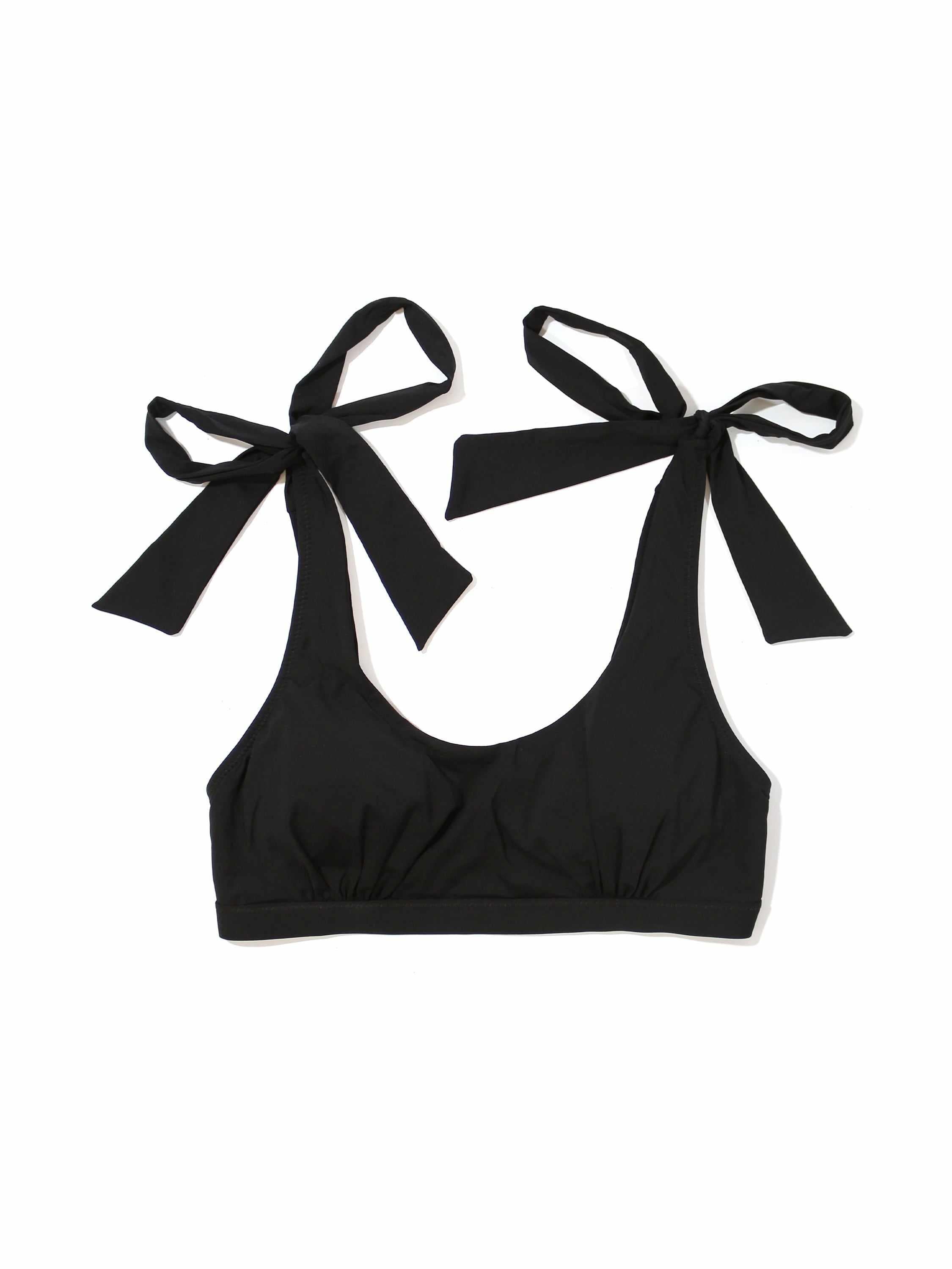 Black recycled fabric scoop bikini top with tie shoulders - Flat Lay | Hanky Panky