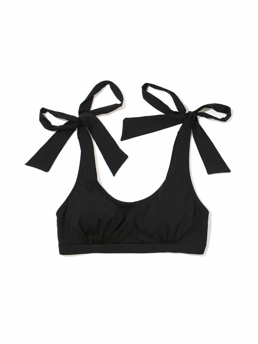 Black recycled fabric scoop bikini top with tie shoulders - Flat Lay | Hanky Panky
