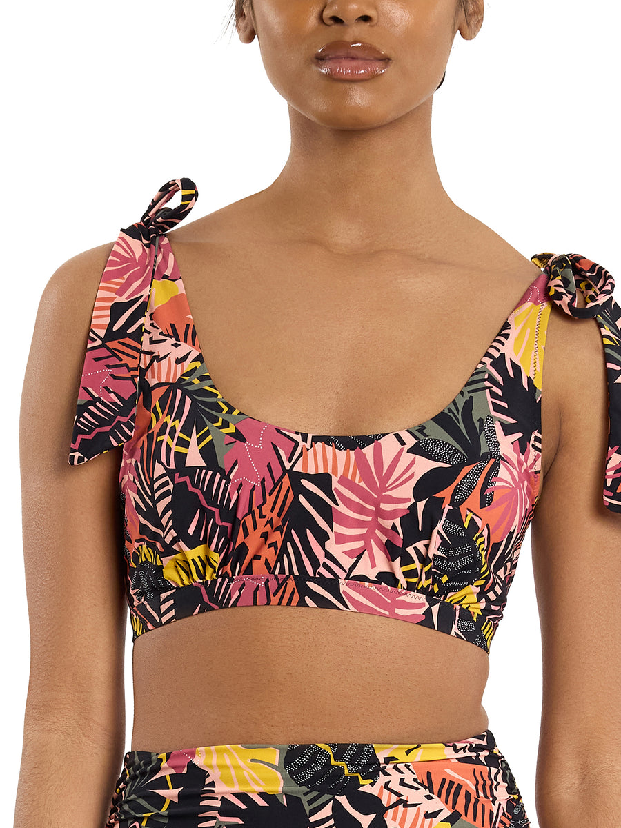 Palm Springs Tropical Print Scoop Neck Swim Top with Tie Shoulders - Front View | Hanky Panky