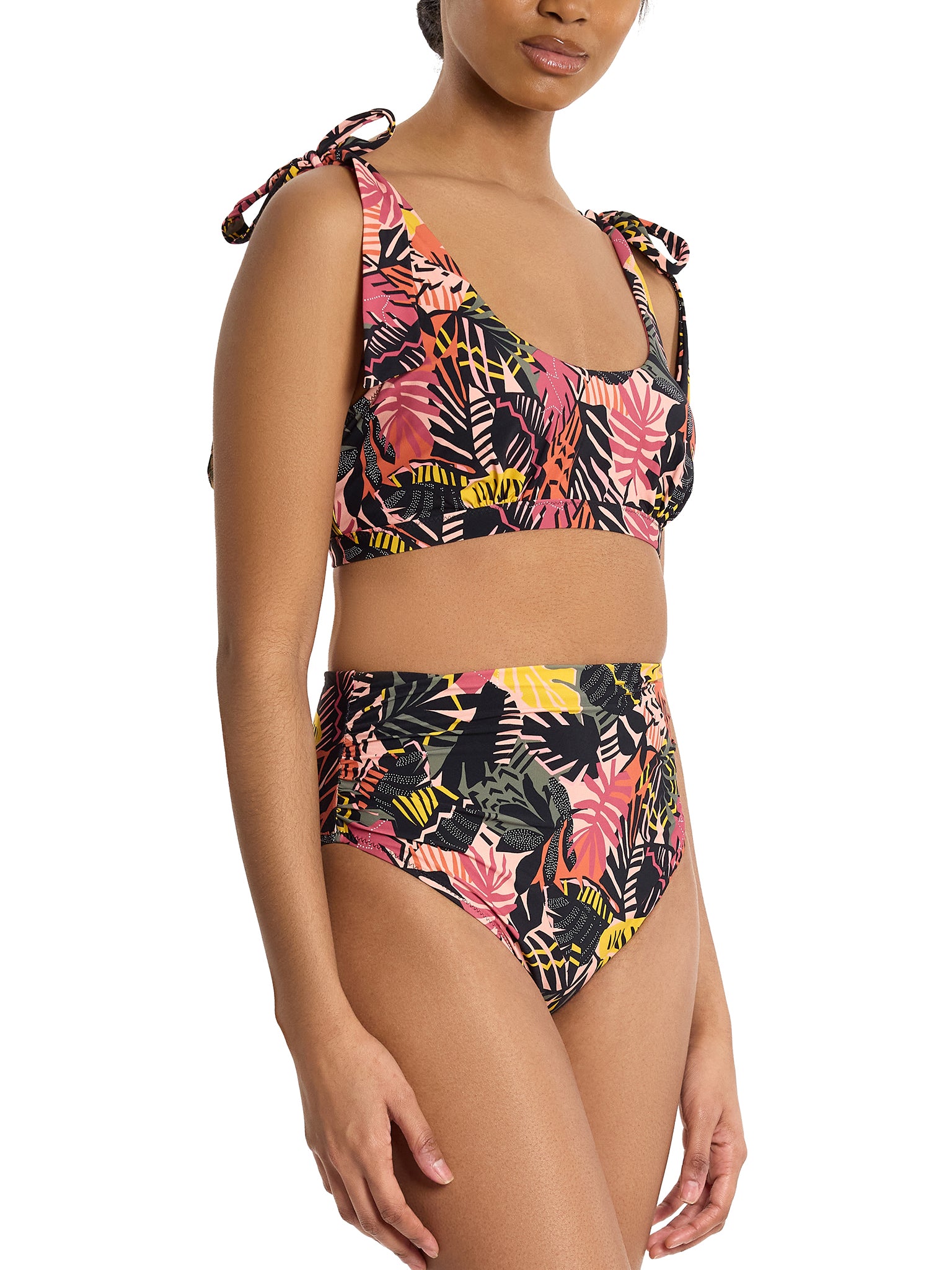 Palm Springs Tropical Print Scoop Neck Swim Top with Tie Shoulders - Side View On Model | Hanky Panky