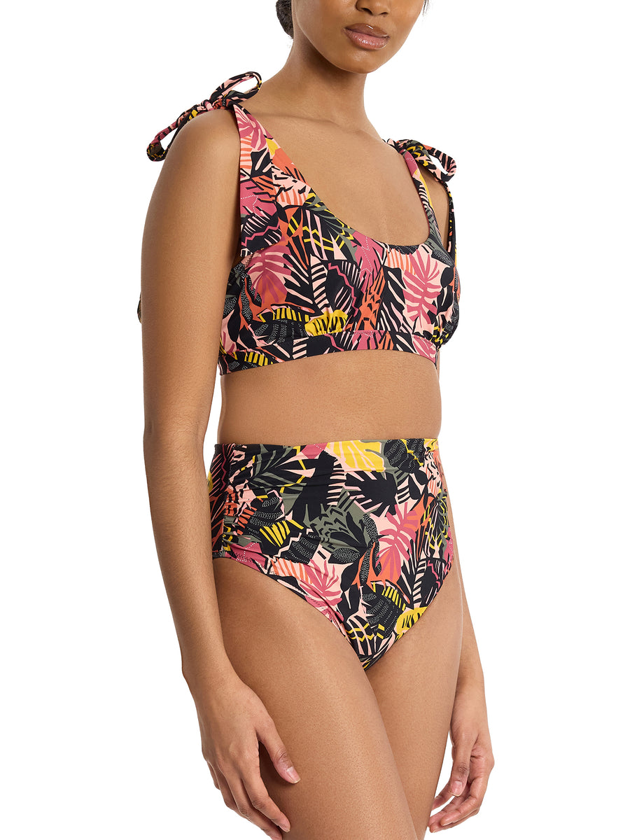 Palm Springs Tropical Print Scoop Neck Swim Top with Tie Shoulders - Side View On Model | Hanky Panky