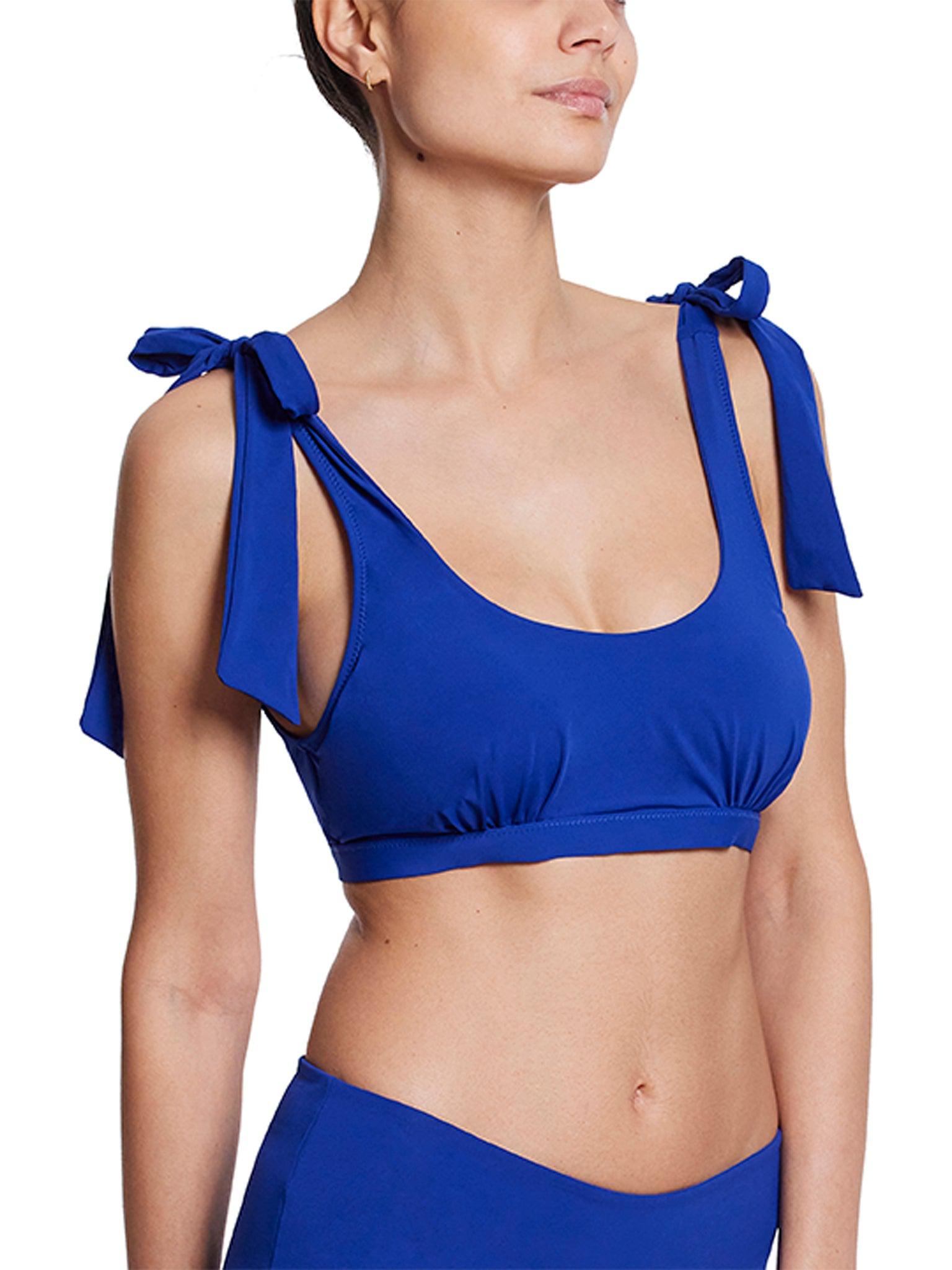 Poolside Blue Scoop Neck Swim Top Tie Shoulder Detail - 3/4 Angle On Model | Hanky Panky