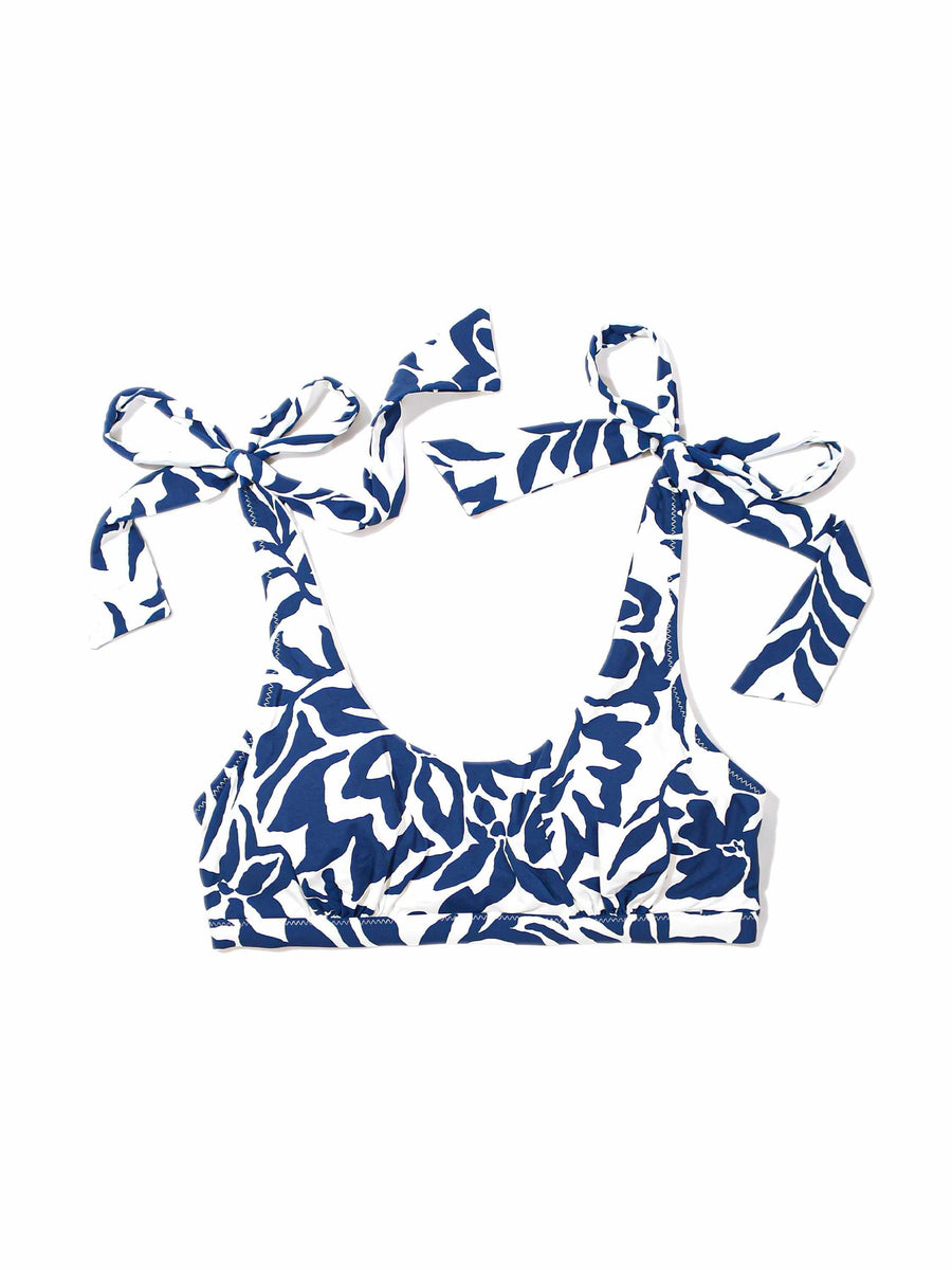 Poolside Blue & White Printed Scoop Neck Swim Top with Shoulder Bow Ties - Flat Lay | Hanky Panky