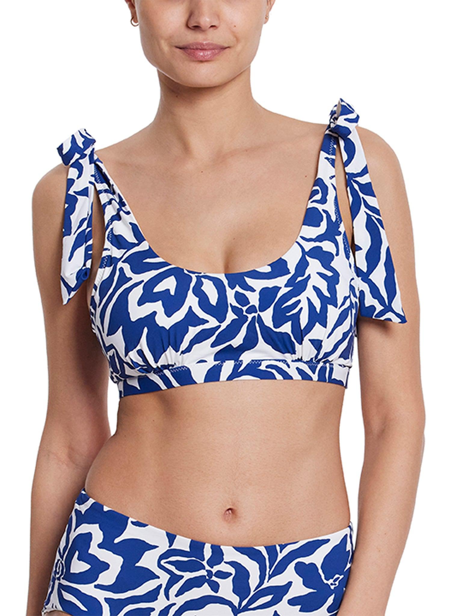 Blue & White Print Scoop Neck Swim Top with Shoulder Tie Bows - Front On Model | Hanky Panky