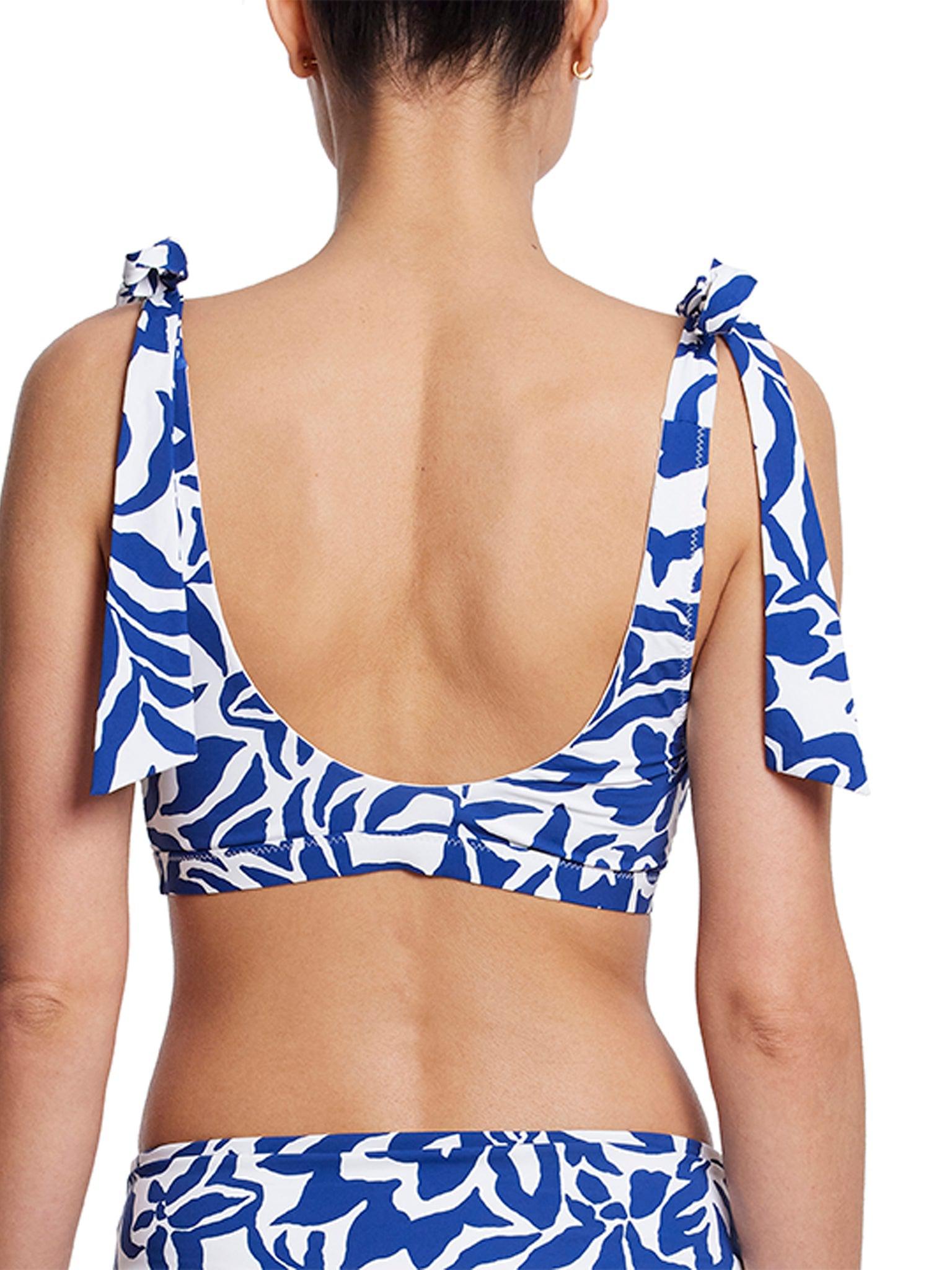 Blue Floral Print Scoop Neck Bikini Top with Open Back & Shoulder Tie Bows - Back On Model | Hanky Panky