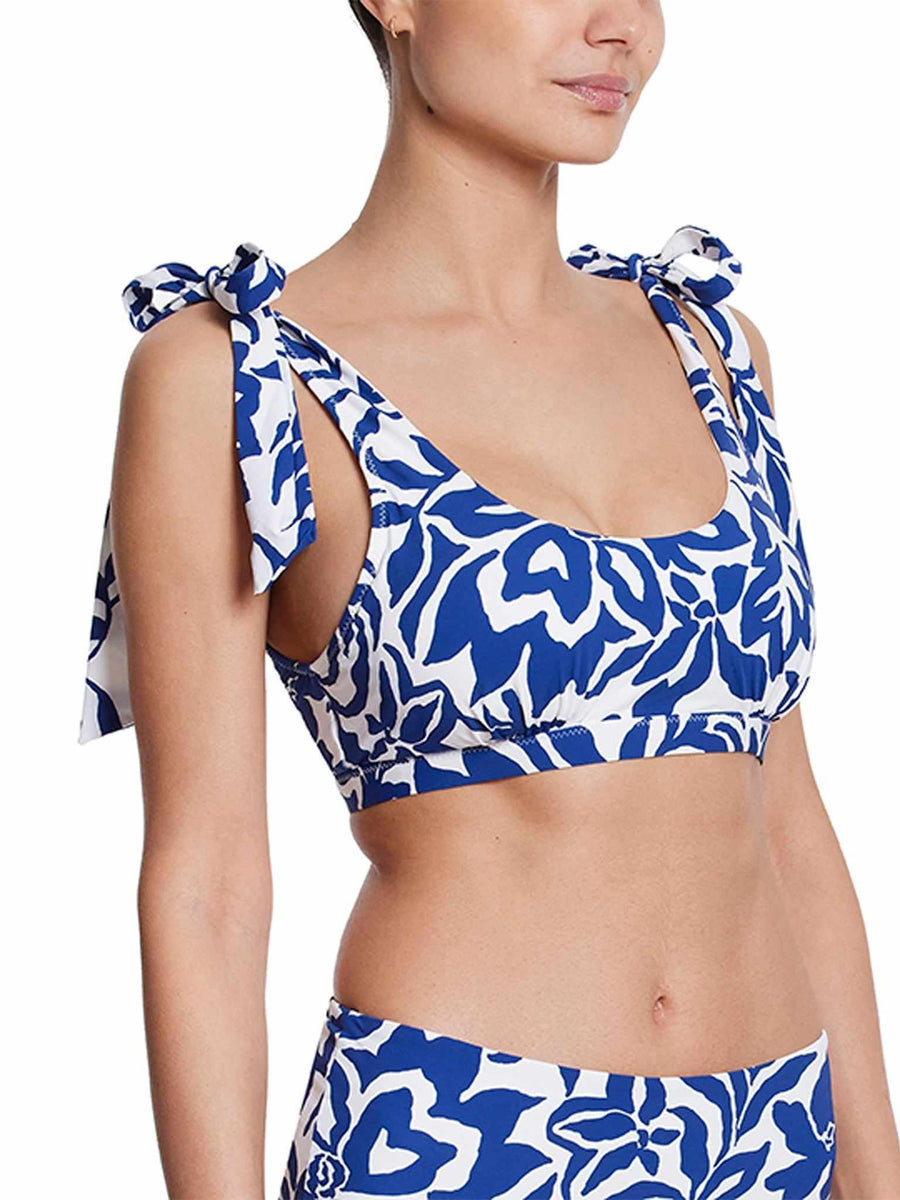 Blue Floral Scoop Neck Swim Top with Shoulder Tie Detail & Side Cutout - Side Angle On Model | Hanky Panky