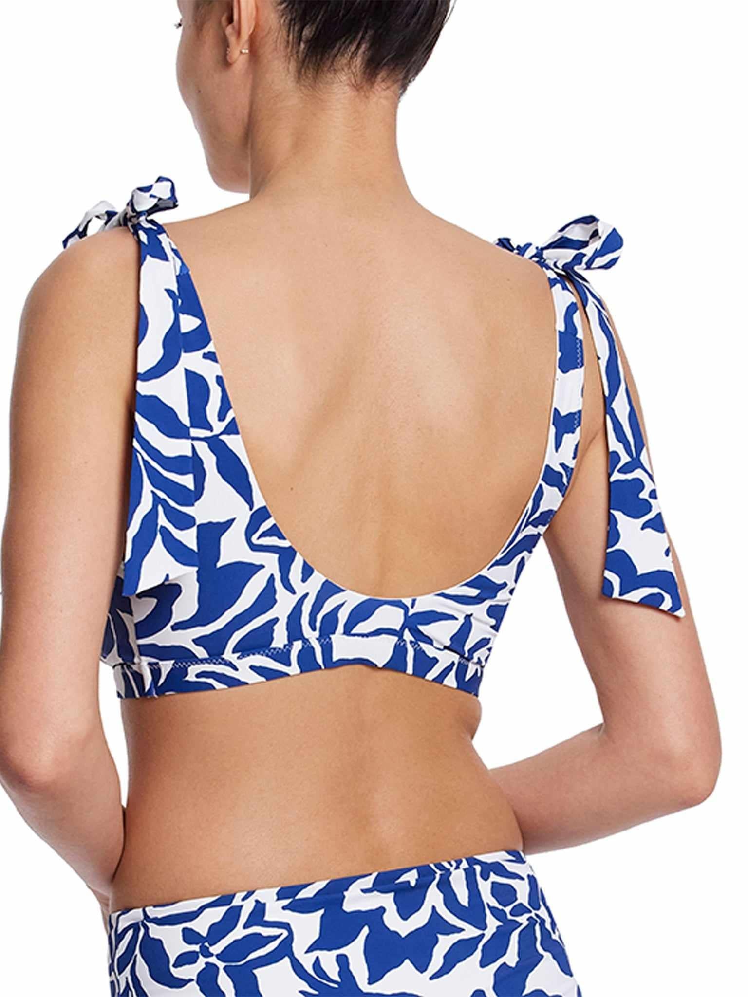 Blue & White Print Scoop Neck Bikini Top with Deep Open Back & Tie Shoulders - Back On Model | Hanky Panky