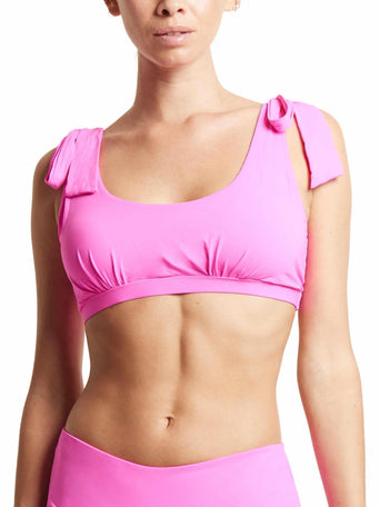 Unapologetic Pink Scoop Neck Swim Top with Shoulder Ties - Front On Model | Hanky Panky