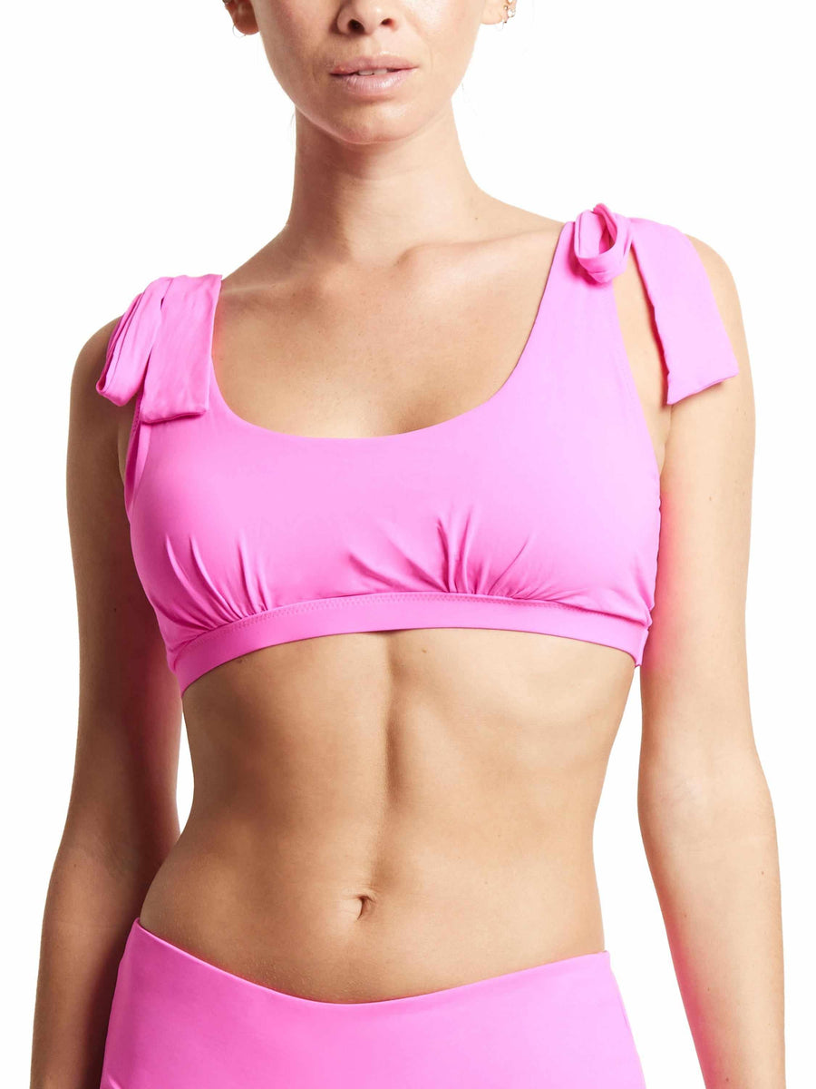 Unapologetic Pink Scoop Neck Swim Top with Shoulder Ties - Front On Model | Hanky Panky