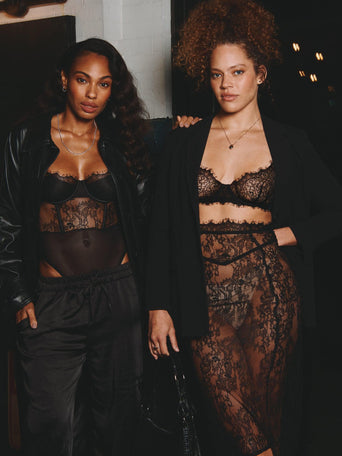 Sheer Seduction Black Lace Bodysuit - Styled Lifestyle Shot on Two Models Layered Under Blazer | Hanky Panky