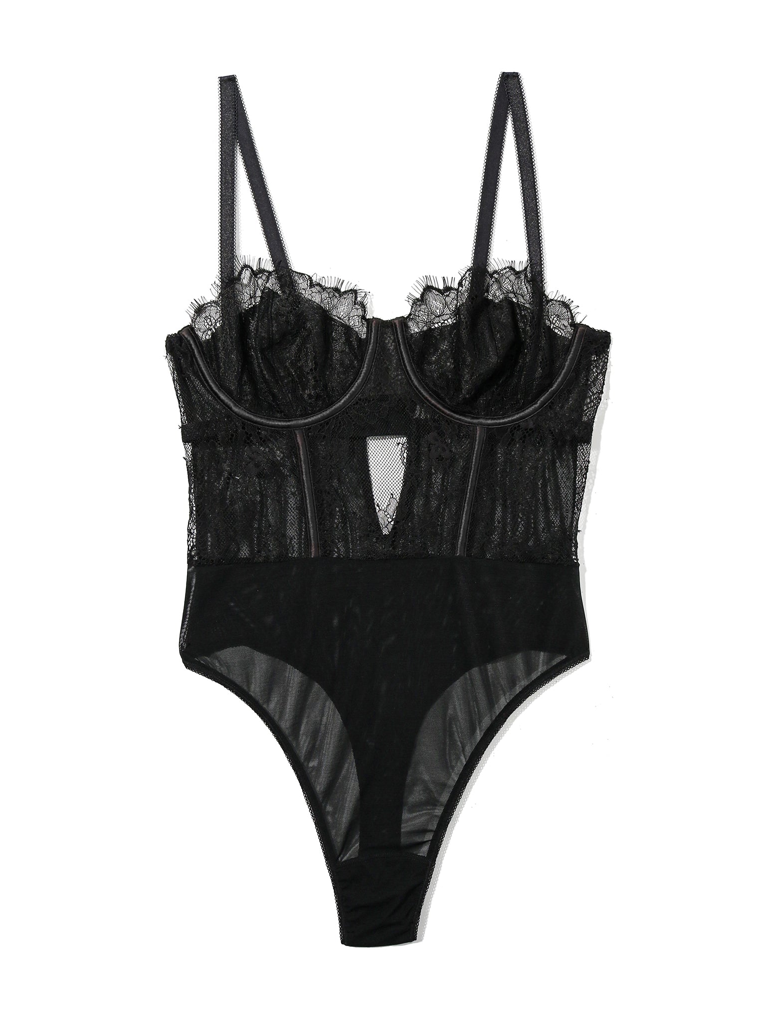 Sheer Seduction Black Lace Bodysuit - Flat Lay Showing Eyelash Lace, Mesh & Plunge Detail | Hanky Panky