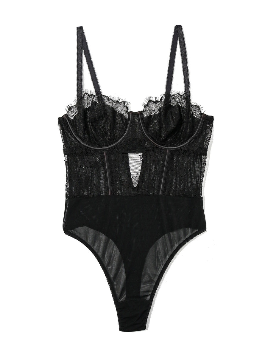 Sheer Seduction Black Lace Bodysuit - Flat Lay Showing Eyelash Lace, Mesh & Plunge Detail | Hanky Panky