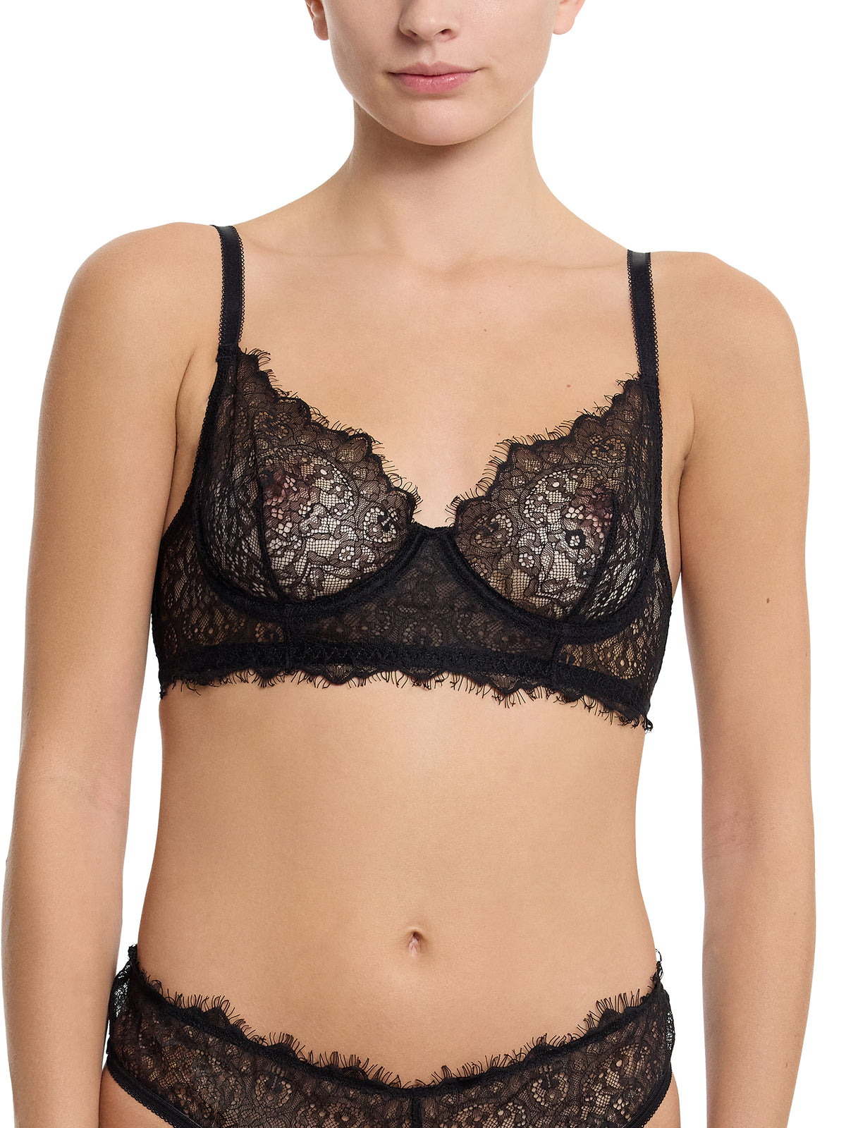 Sheer Seduction Underwire Bra Black - Front View, Sheer Black Lace Underwire Bra On Model | Hanky Panky