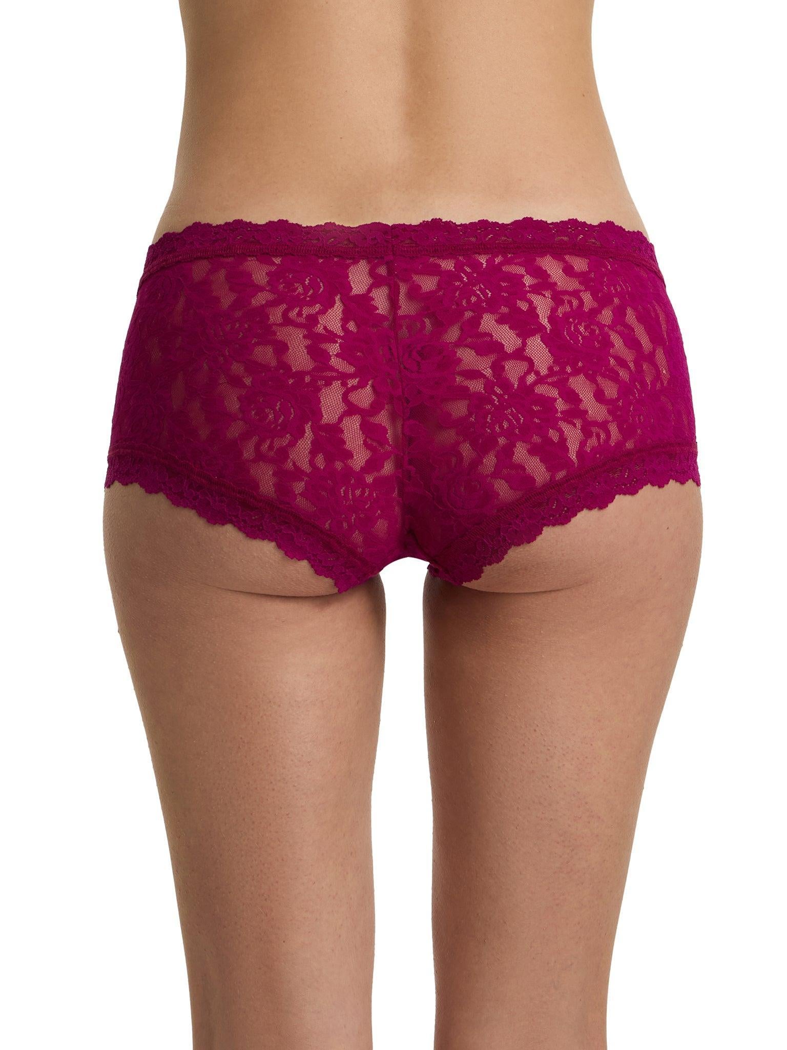 Signature Lace® Boyshort From The Vine Red - Back View, scalloped-edge full coverage lace boyshort | Hanky Panky
