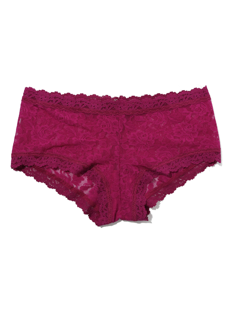 Signature Lace® Boyshort From The Vine Red - Flat Lay, deep berry red lace boyshort panties | Hanky Panky