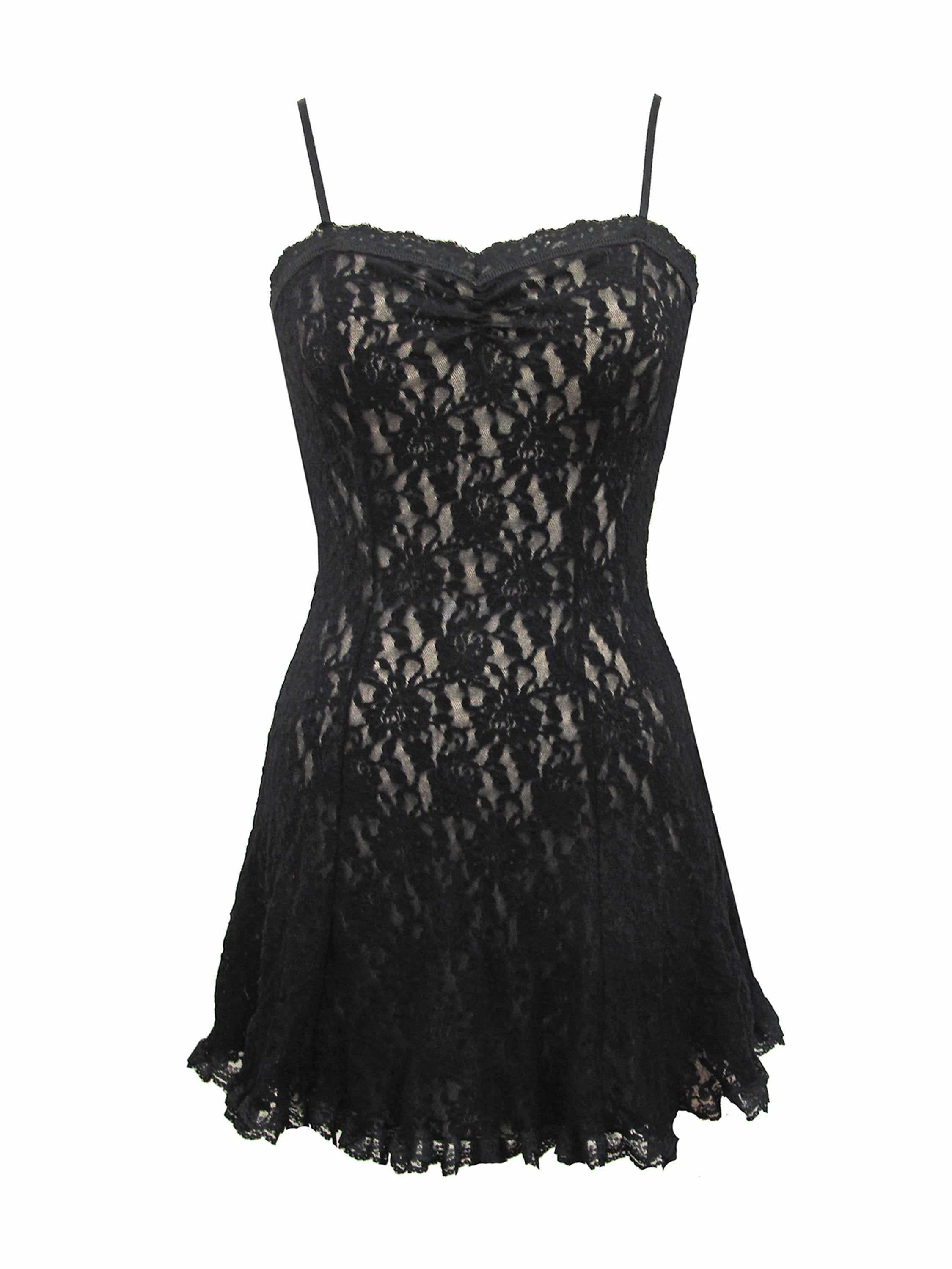 Black Signature Lace Cigarette Girl Chemise - Flat Lay Front View, Ruffled Scalloped Hem Detail | Hanky Panky