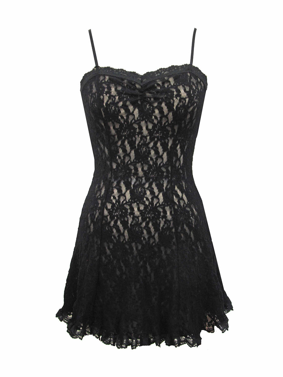 Black Signature Lace Cigarette Girl Chemise - Flat Lay Front View, Ruffled Scalloped Hem Detail | Hanky Panky