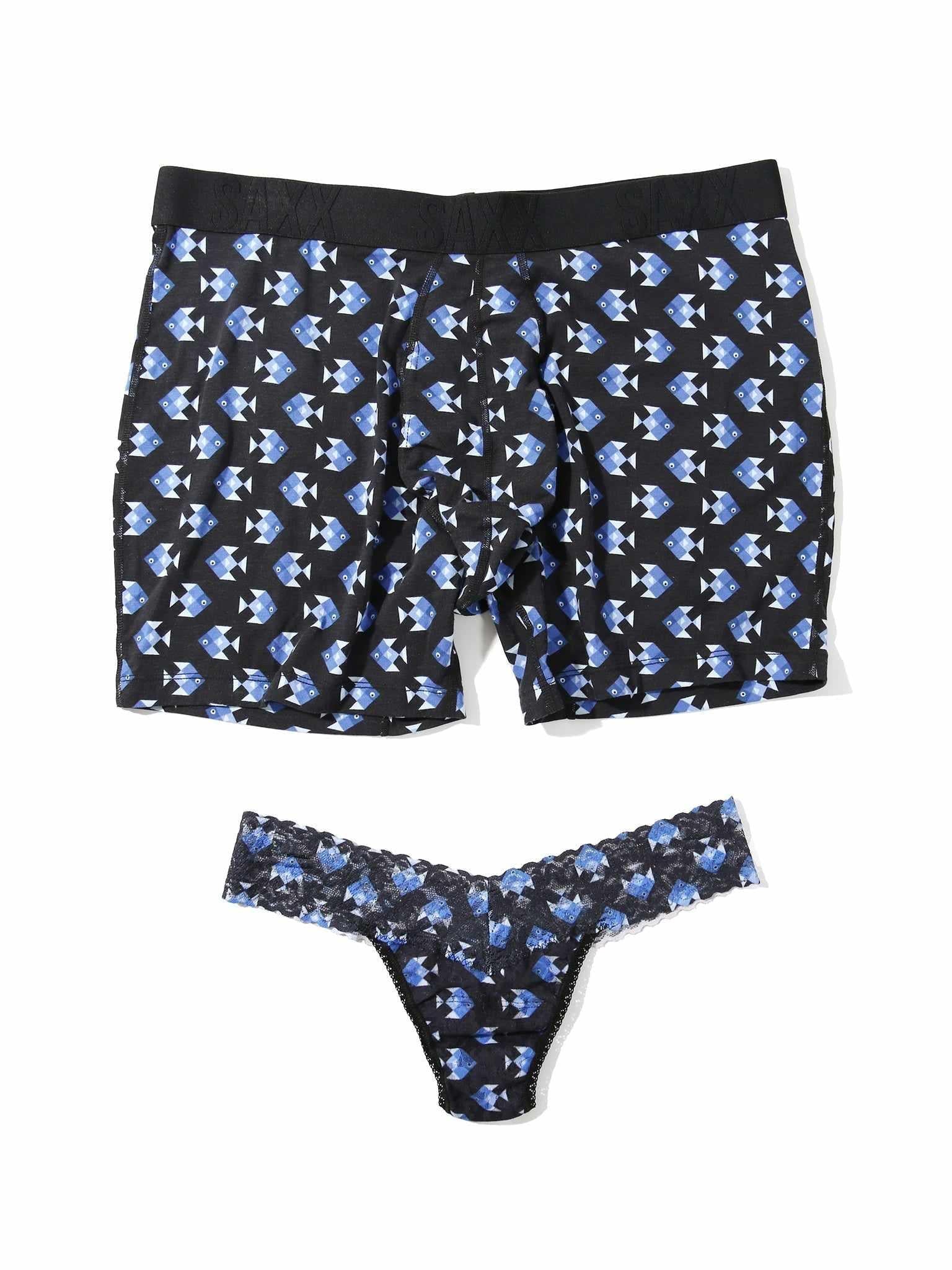 Signature Lace® Low Rise Printed Thong And Saxx Drop Temp Cooling Cotton Boxer Brief Aquatic Check