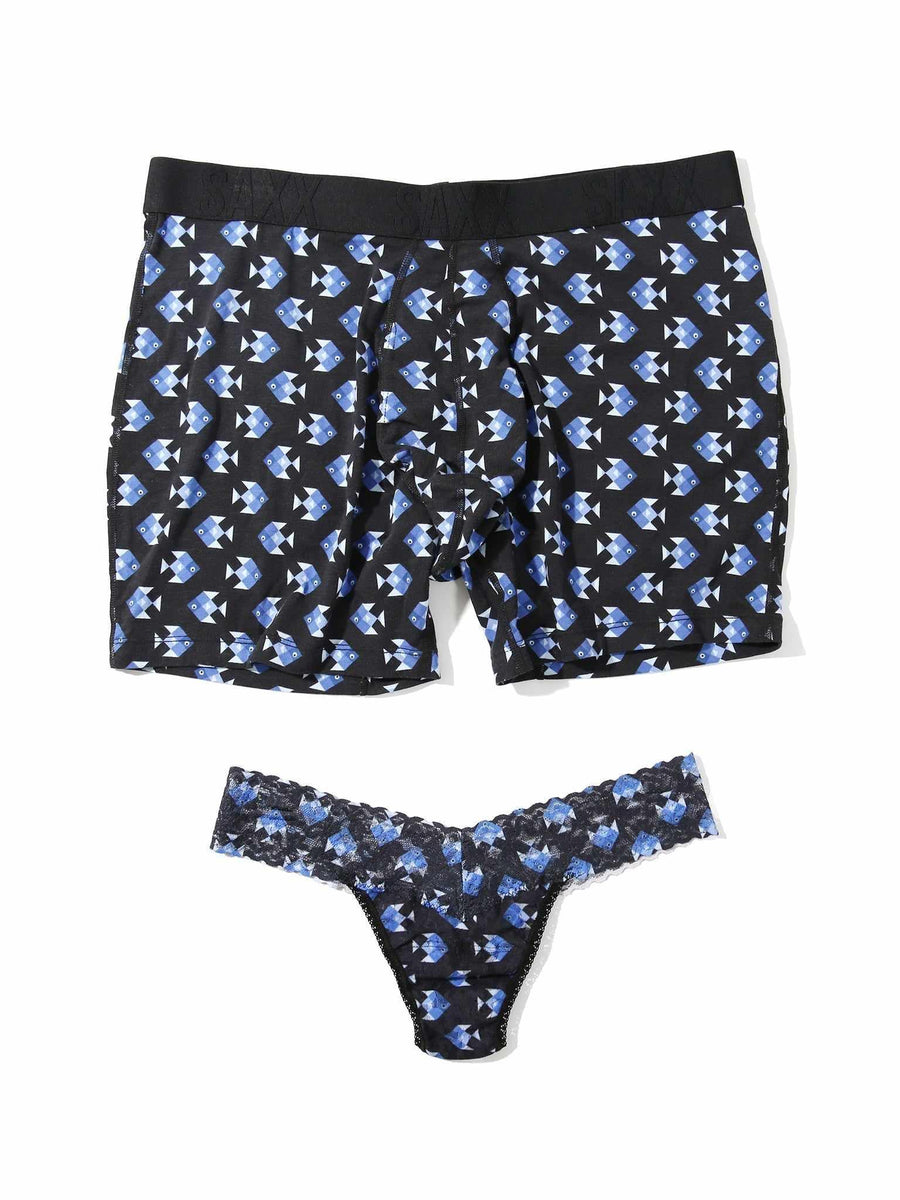 Signature Lace® Low Rise Printed Thong And Saxx Drop Temp Cooling Cotton Boxer Brief Aquatic Check