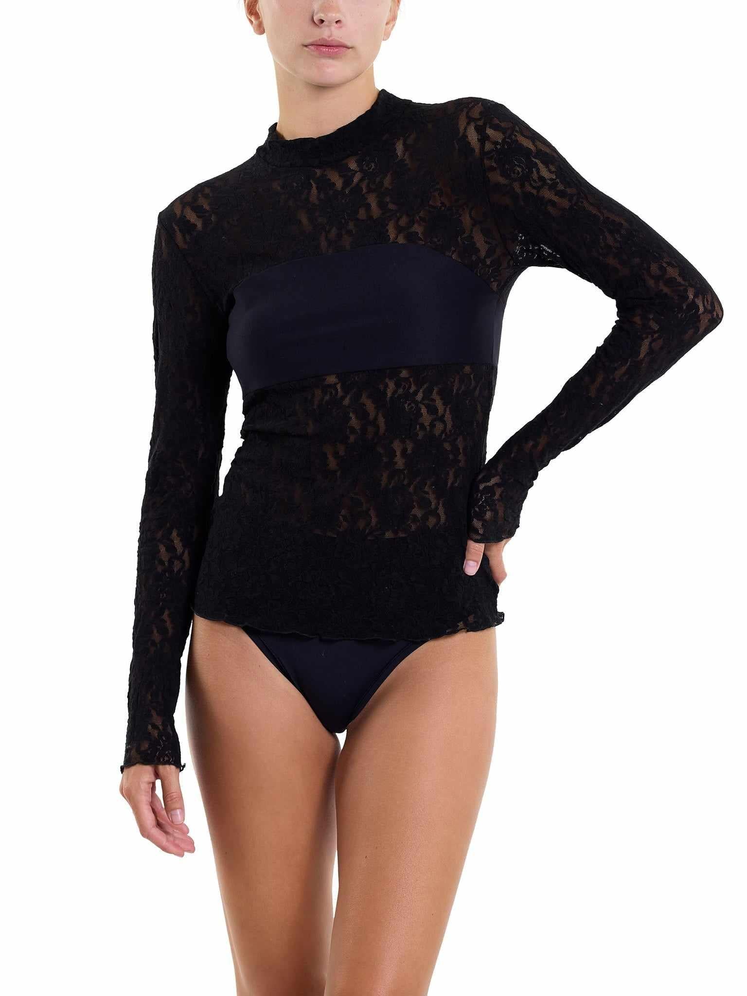 Black Signature Lace® Mock Neck Long Sleeve Bandeau Top - Front View On Model | Hanky Panky