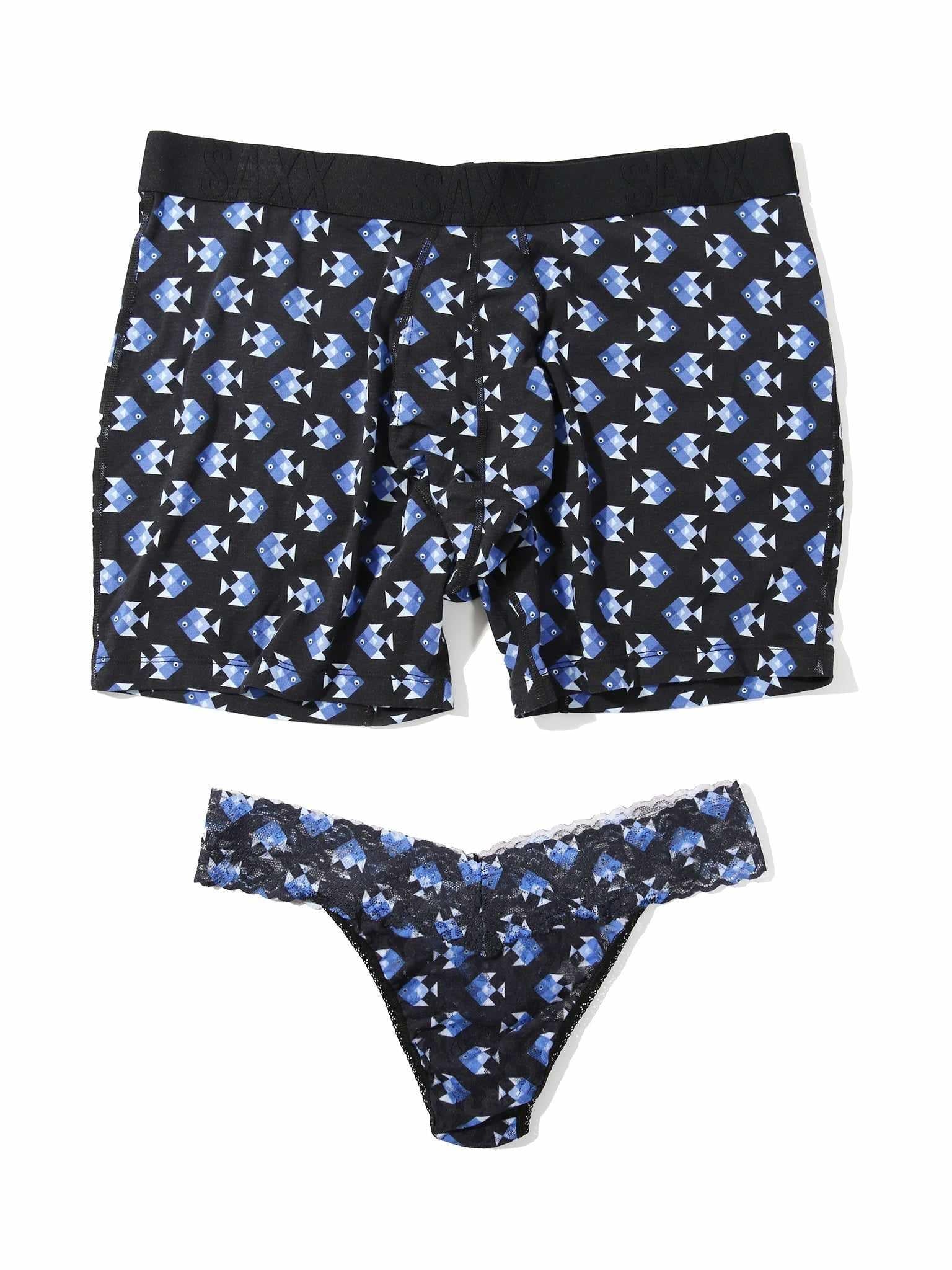 Signature Lace® Original Rise Printed Thong And Saxx Drop Temp Cooling Cotton Boxer Brief Aquatic Check