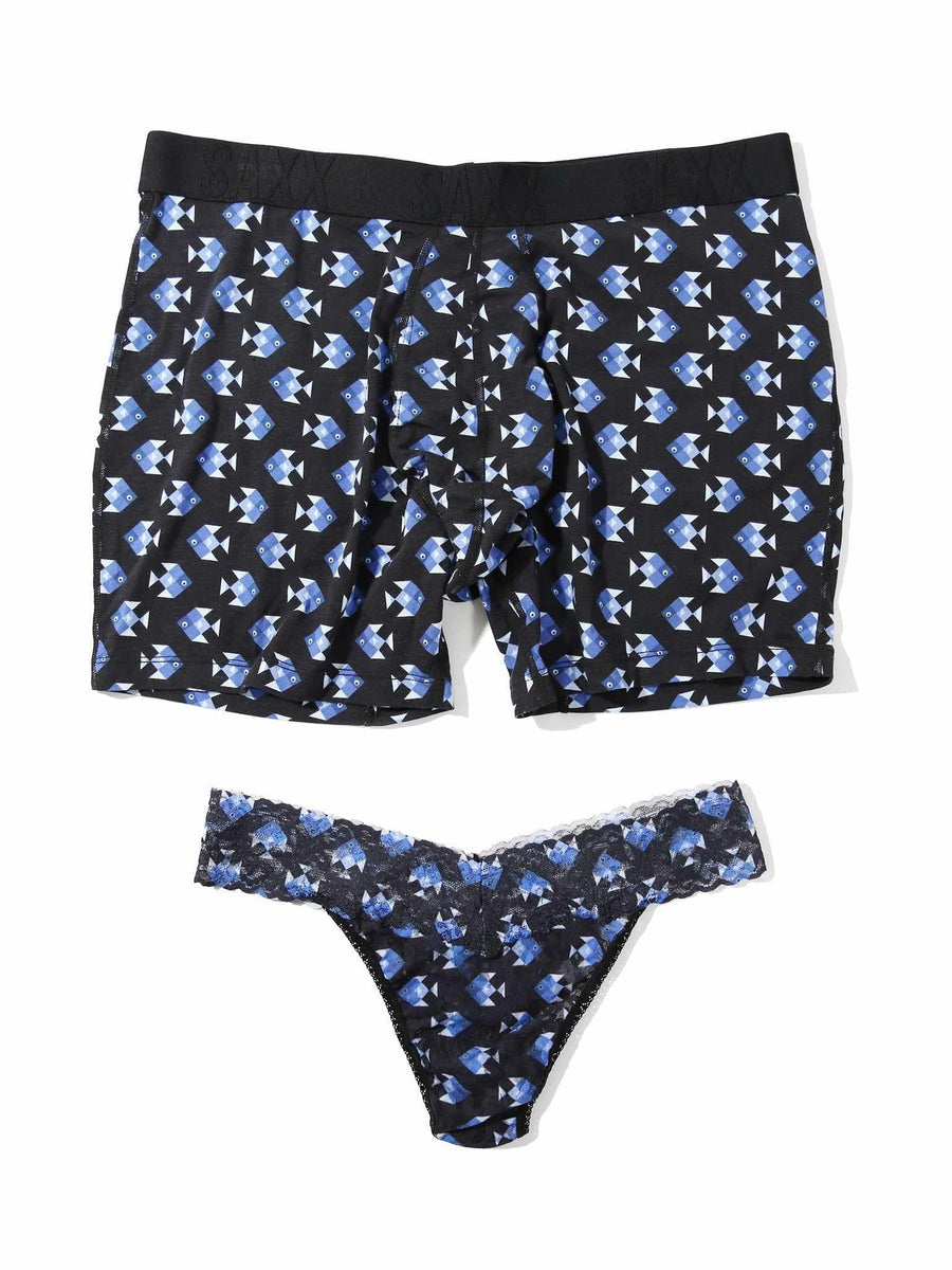 Signature Lace® Original Rise Printed Thong And Saxx Drop Temp Cooling Cotton Boxer Brief Aquatic Check