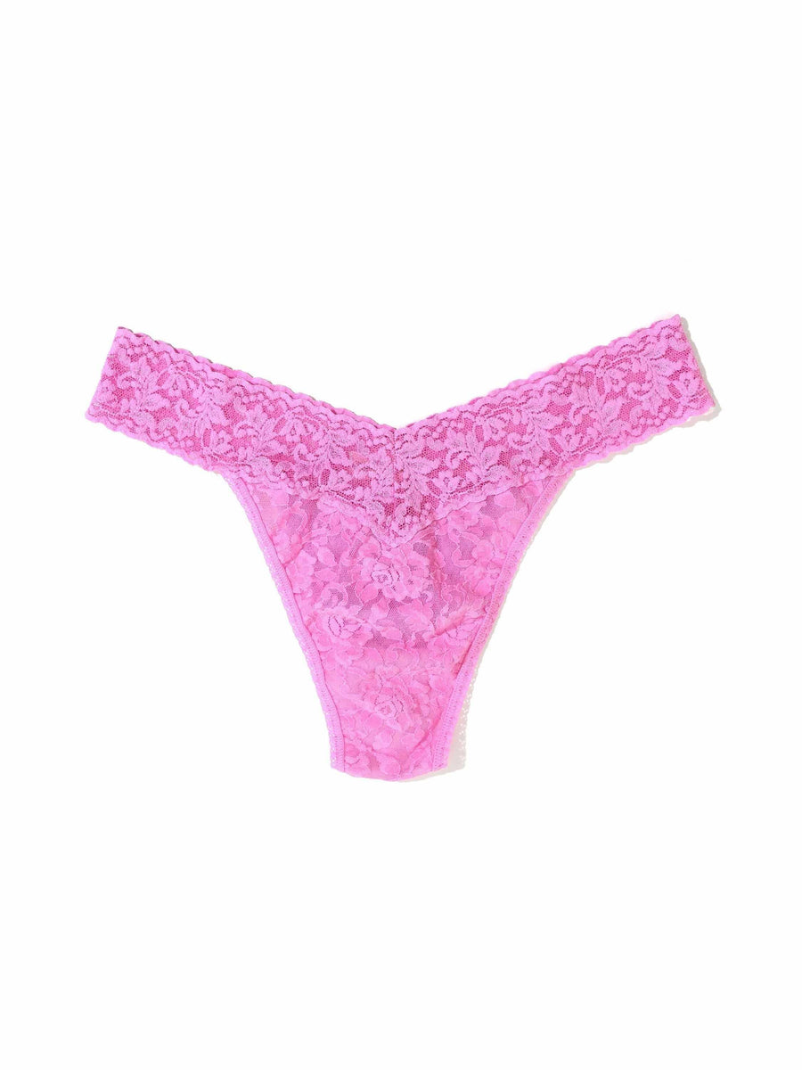 Signature Lace® Original Rise Thong Drifting Horizon Pink - Flat Lay, V-Waistband Detail | Hanky Panky
