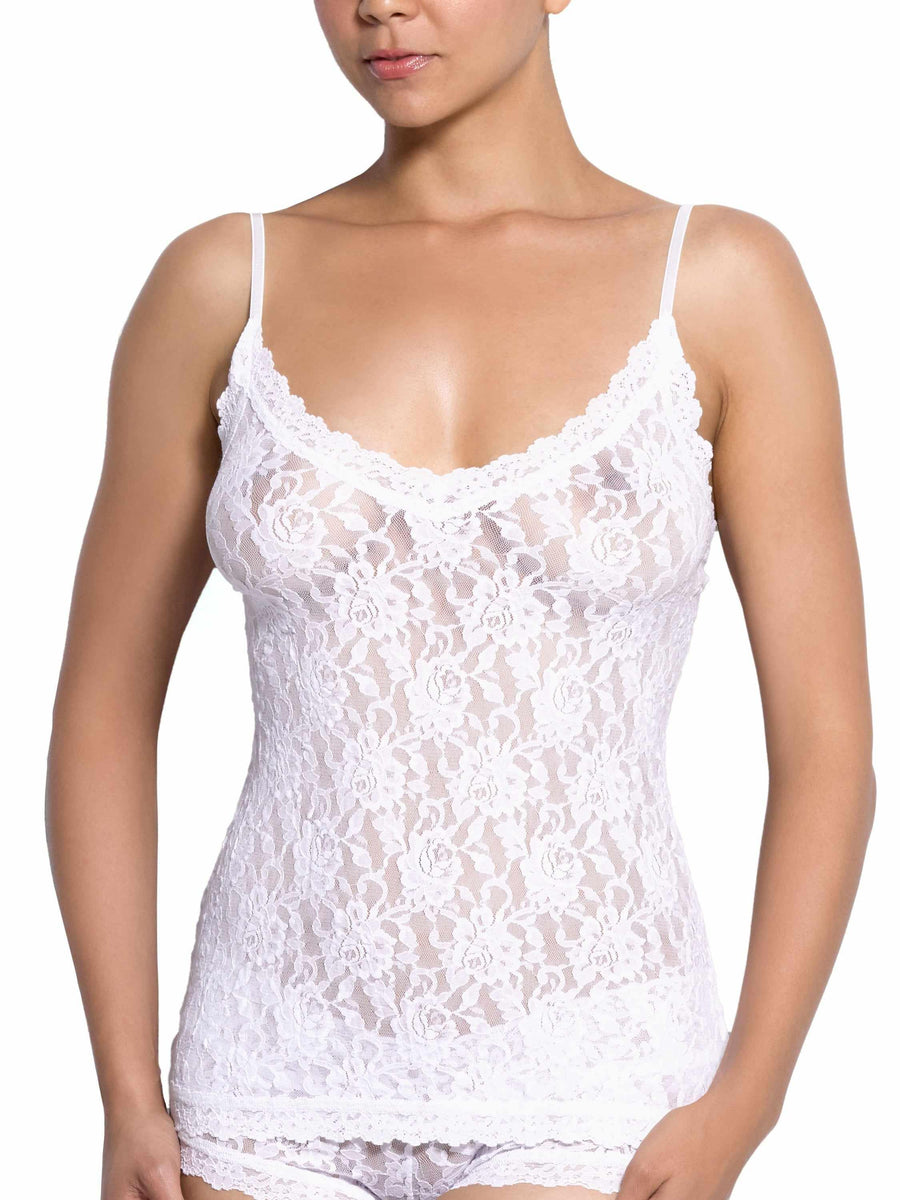 Signature Lace® V-Front Cami White - Front Close-Up On Model, Floral Lace Detail | Hanky Panky