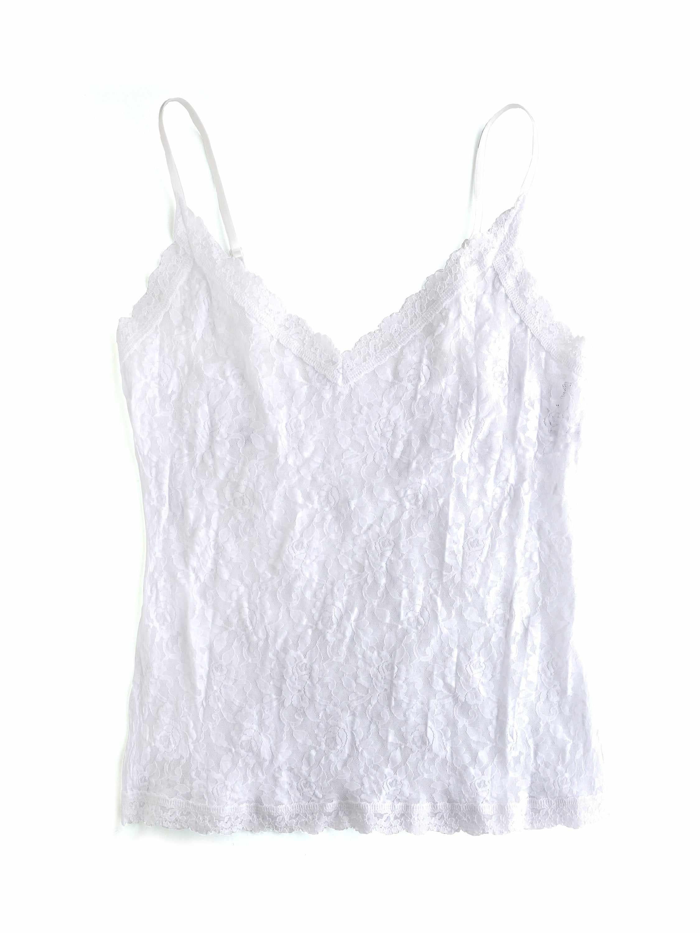 Signature Lace® V-Front Cami White - Flat Lay, V-Neckline and Scalloped Lace Detail | Hanky Panky