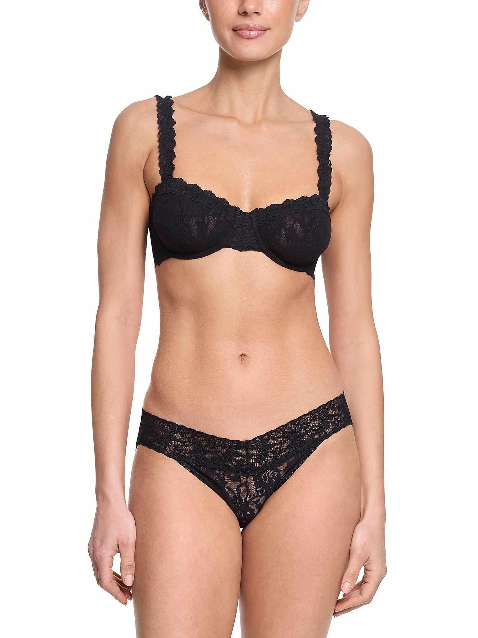 Black Lace Balconette Bra with Matching Lace Thong - Coordinating Set, Front View | Hanky Panky