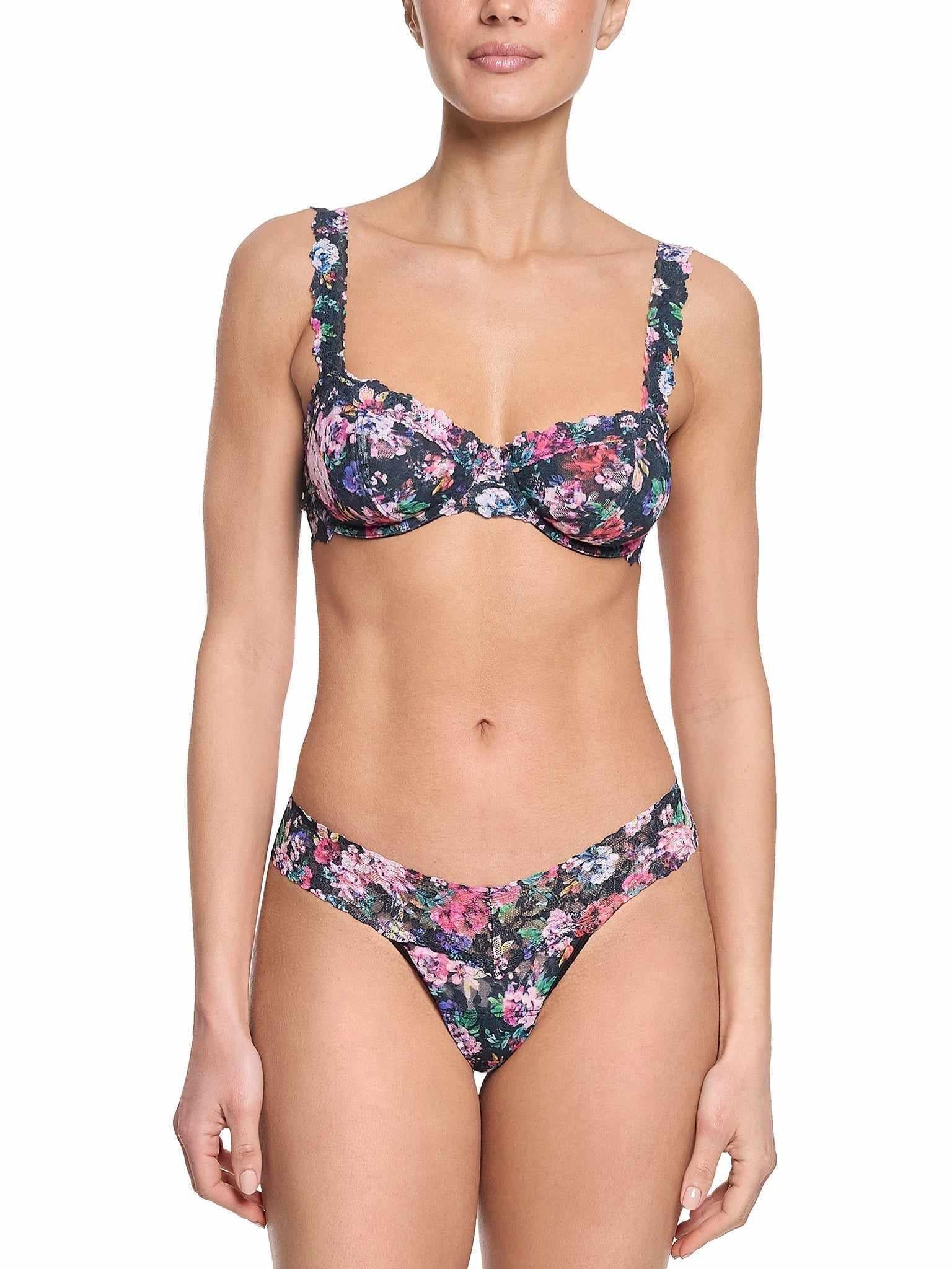 Dark Peonies Floral Lace Balconette Bra & Matching Thong Set - Front View | Hanky Panky