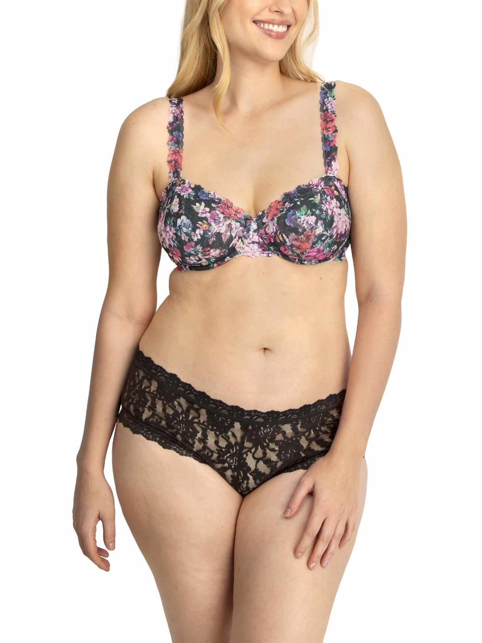 Signature Lace® Balconette Bra Dark Peonies with Black Lace Boyshort - Front, Curvy Model | Hanky Panky