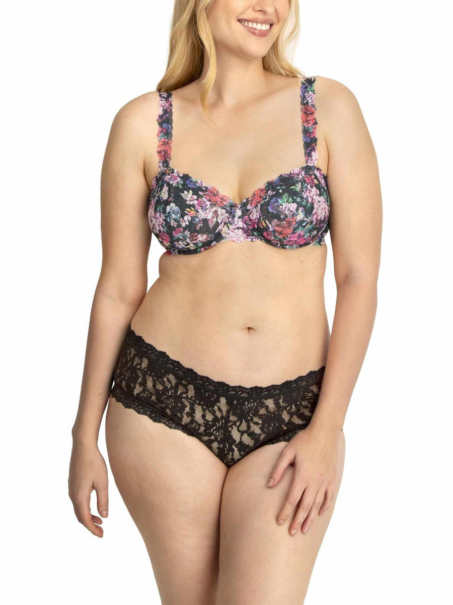 Signature Lace® Balconette Bra Dark Peonies with Black Lace Boyshort - Front, Curvy Model | Hanky Panky