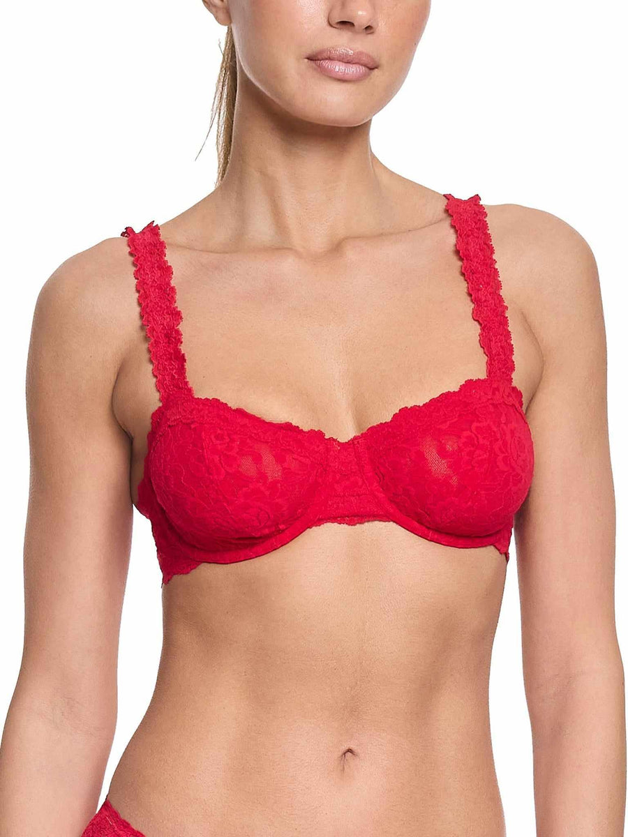 Red Lace Balconette Bra - Front View On Model, Signature Lace® scalloped cups | Hanky Panky
