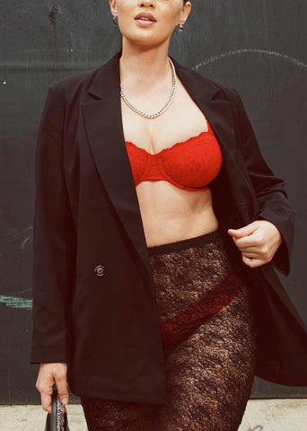 Red Signature Lace® Balconette Bra styled under black blazer - Street Style Look | Hanky Panky