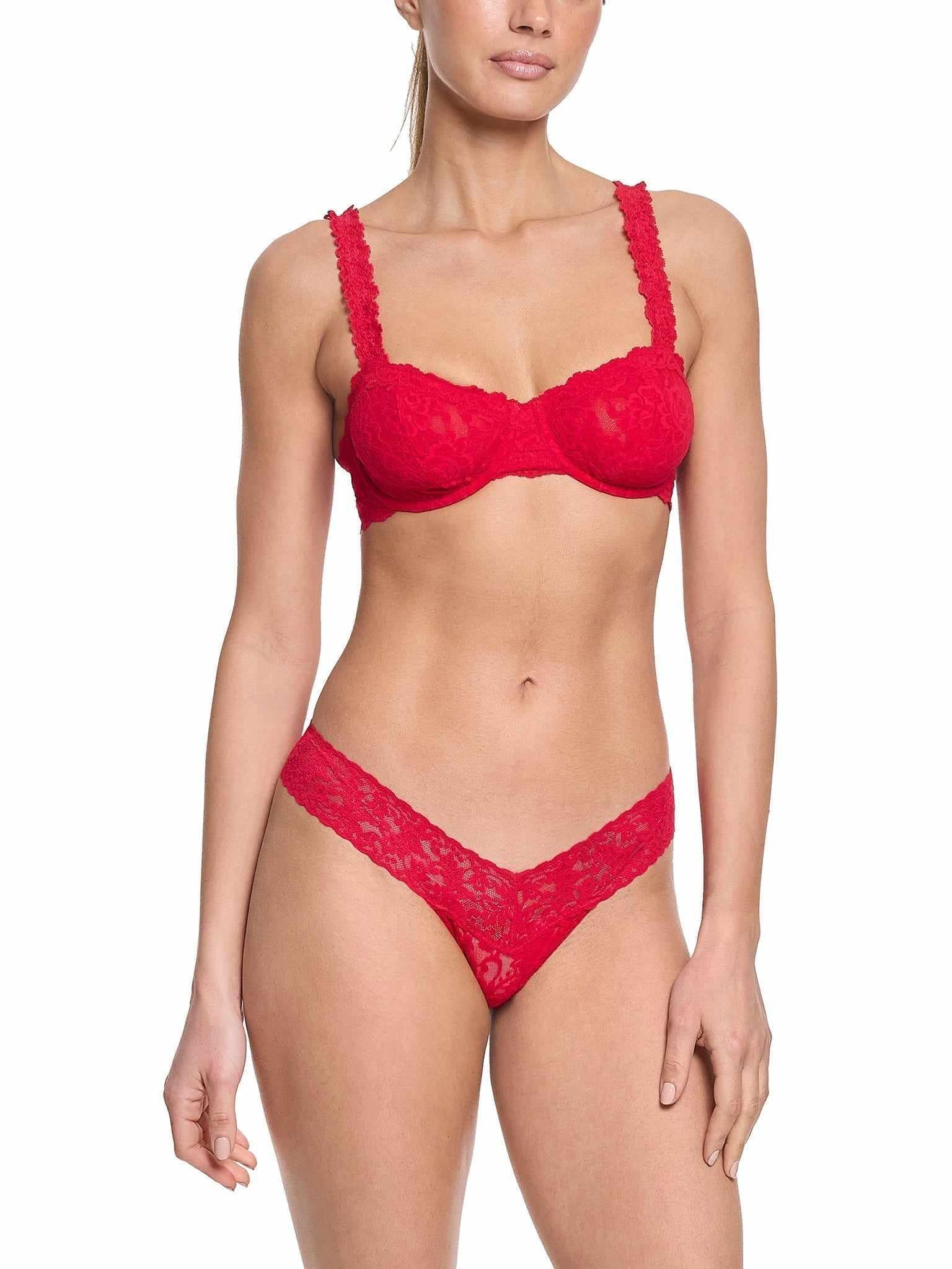 Red Lace Balconette Bra and matching thong set - Front View On Model | Hanky Panky