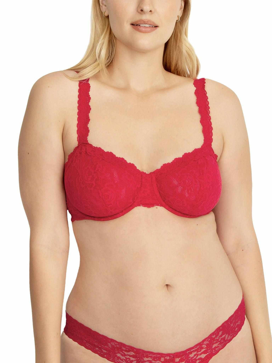 Red Signature Lace® Balconette Bra front view on curvy model, lace underwire support | Hanky Panky