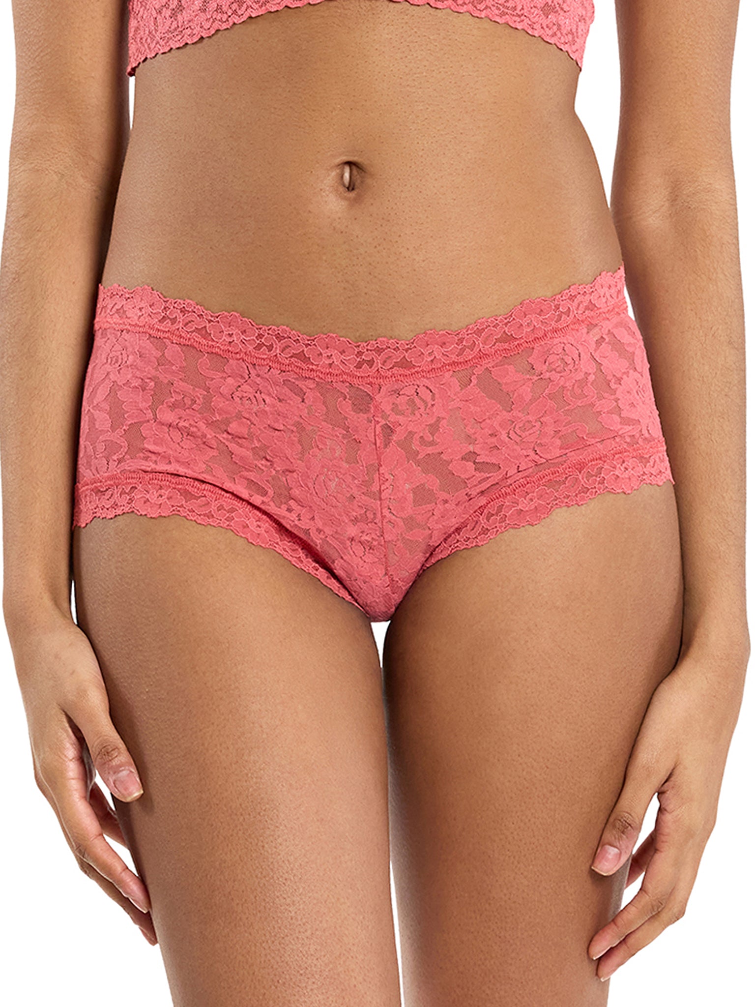 Naples Red Signature Lace® Boyshort - Front View, Lace Boyshort Panty On Model | Hanky Panky