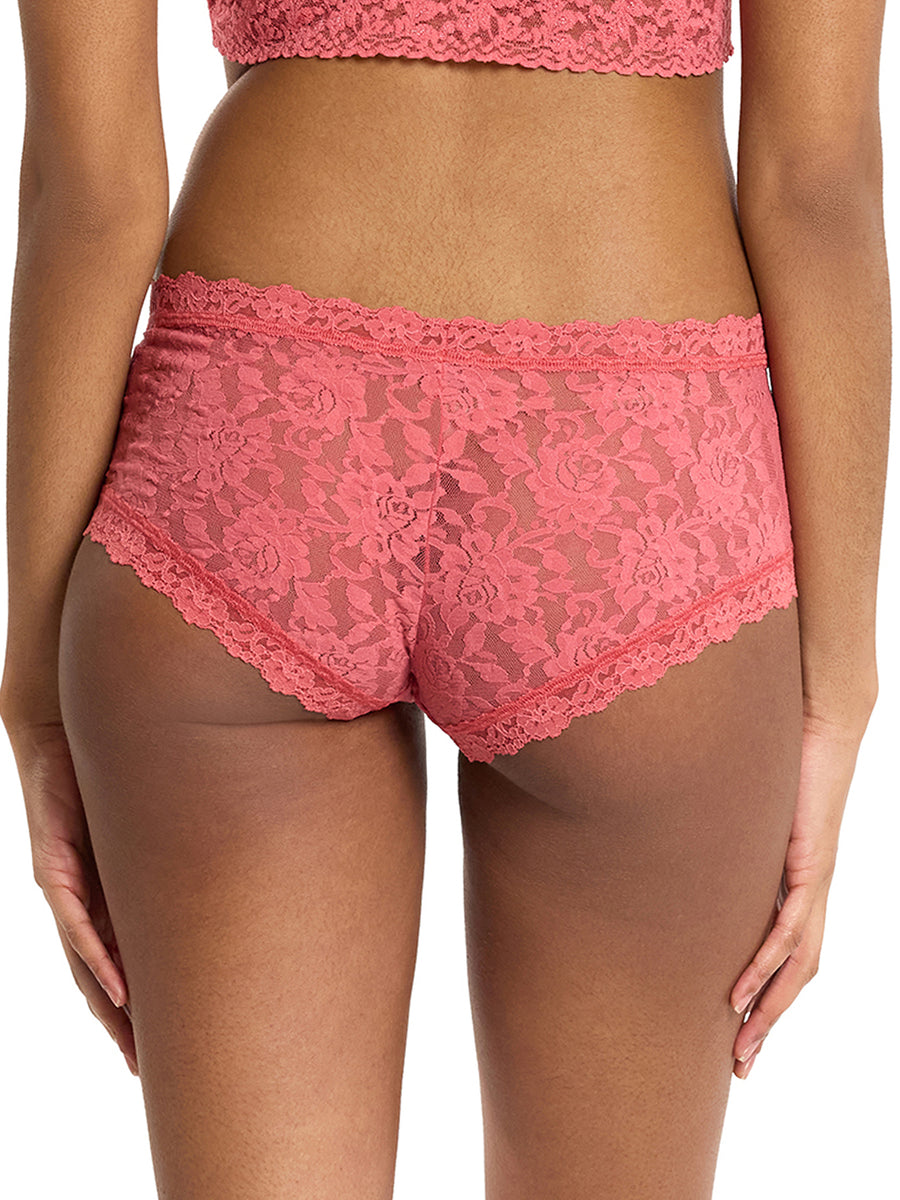 Naples Red Signature Lace® Boyshort - Back View, Full Coverage Lace Panty On Model | Hanky Panky