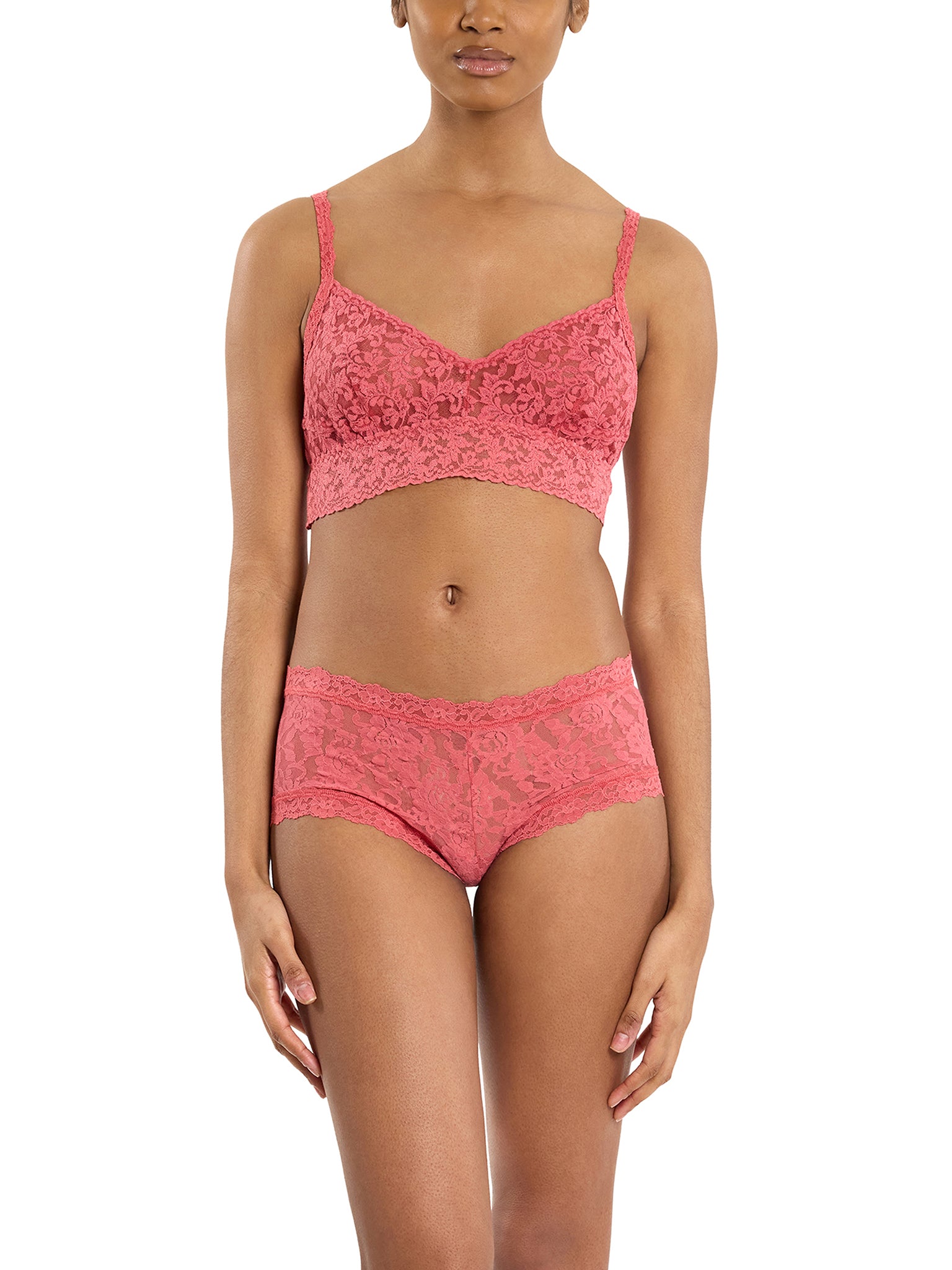 Naples Red Signature Lace® Boyshort & Matching Bralette Set - Full Body Front View On Model | Hanky Panky