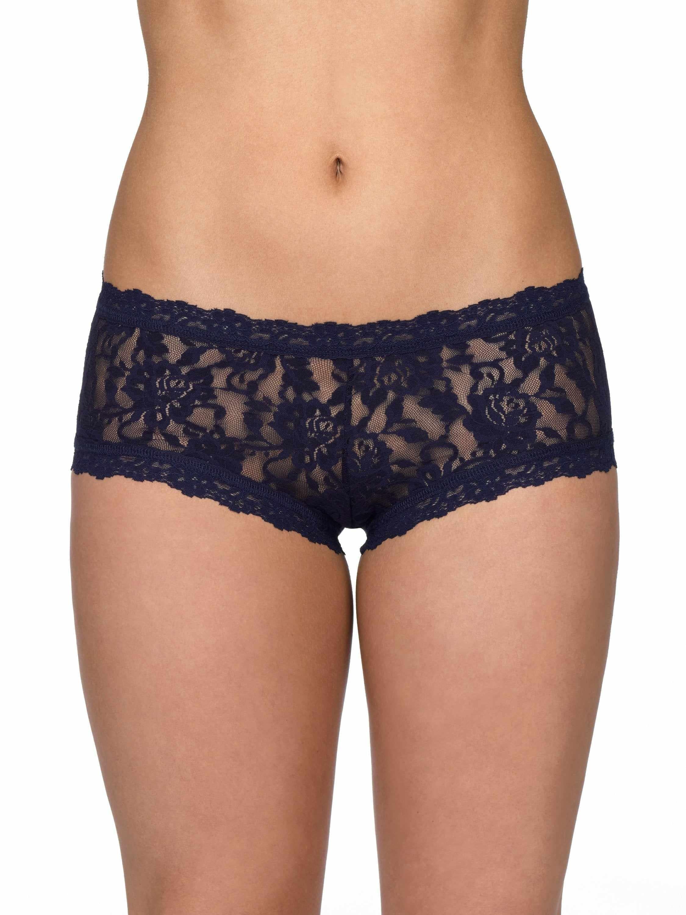 Signature Lace® Boyshort Navy - Front View, Floral Lace Cheeky Boyshort Panty On Model | Hanky Panky