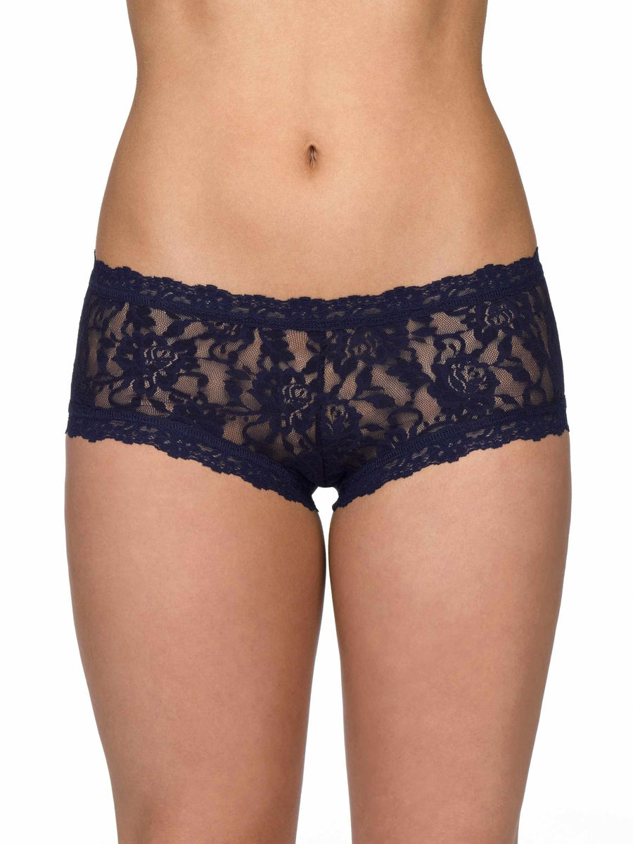 Signature Lace® Boyshort Navy - Front View, Floral Lace Cheeky Boyshort Panty On Model | Hanky Panky