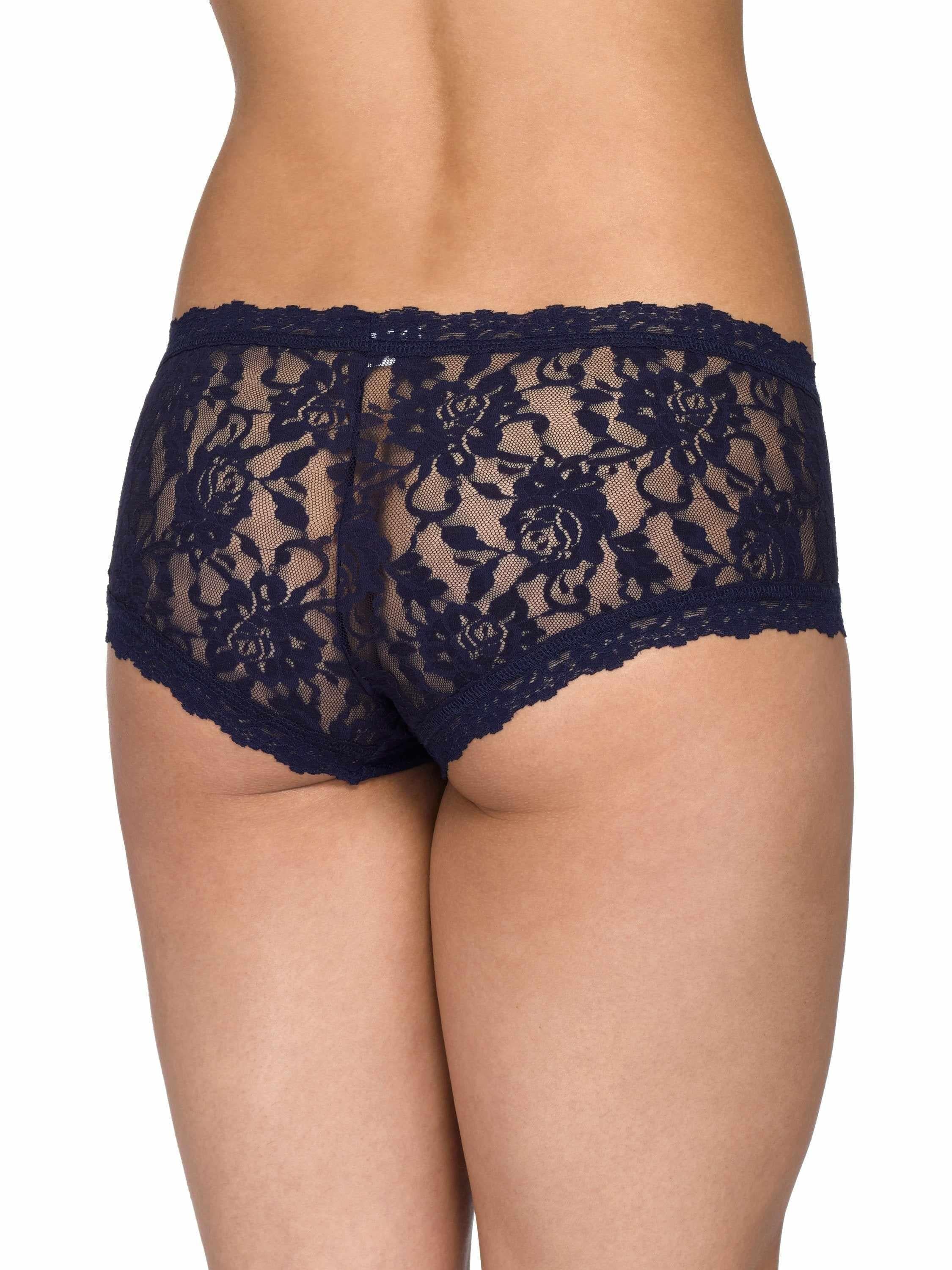 Signature Lace® Boyshort Navy - Back View, Cheeky Coverage Stretch Lace Boyshorts On Model | Hanky Panky