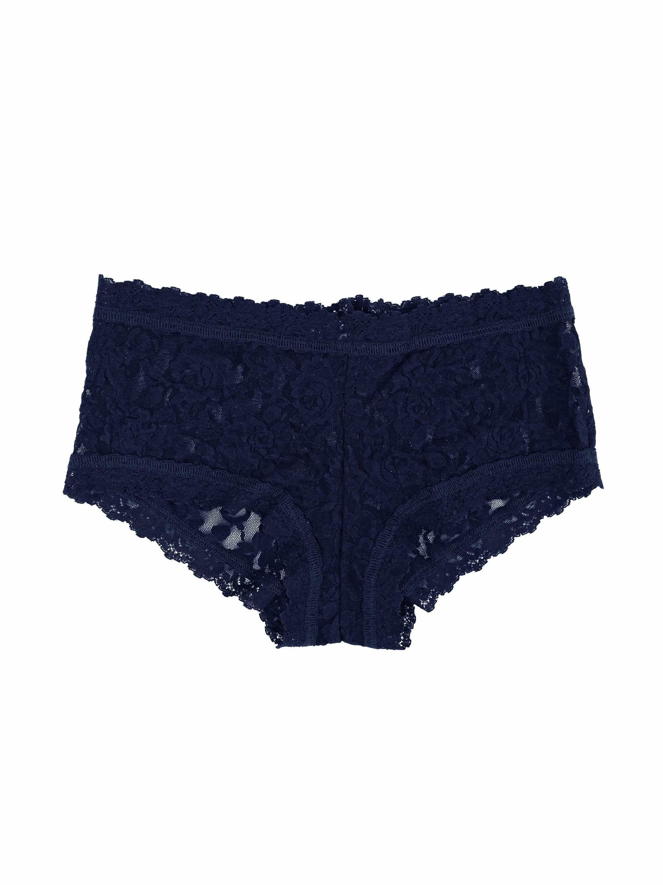 Signature Lace® Boyshort Navy - Flat Lay, Navy Blue Floral Lace Boyshort Panty Detail | Hanky Panky