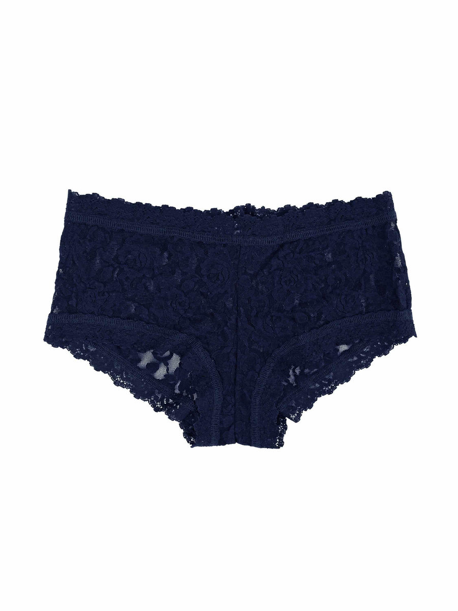 Signature Lace® Boyshort Navy - Flat Lay, Navy Blue Floral Lace Boyshort Panty Detail | Hanky Panky