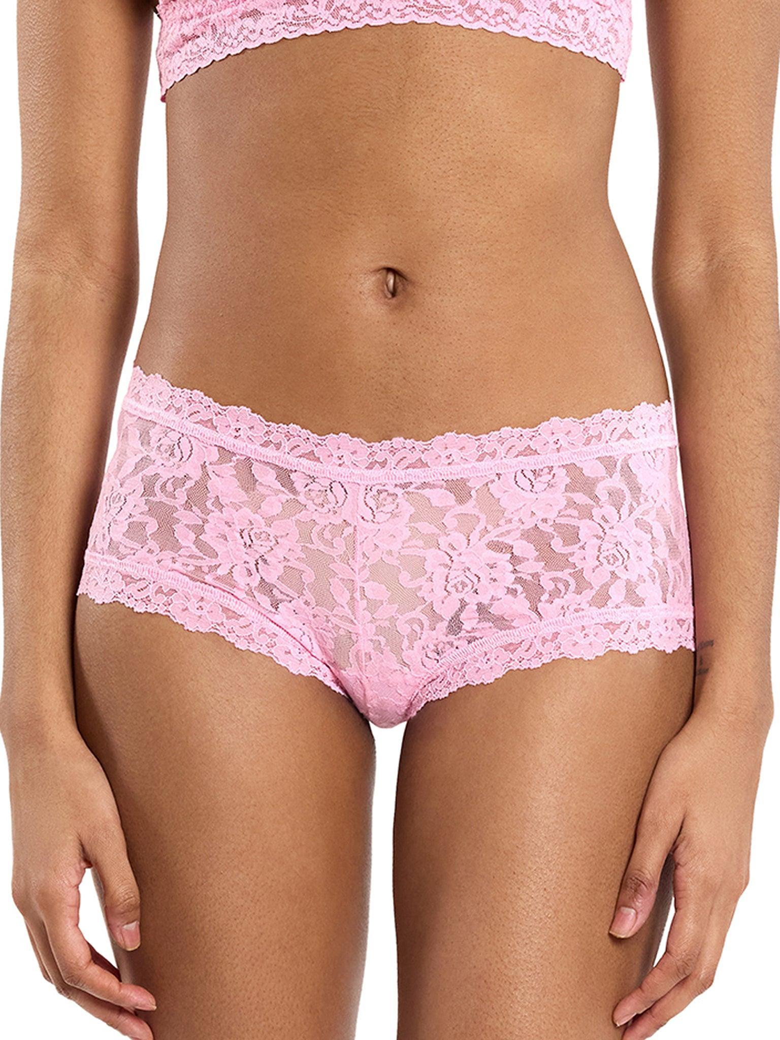 Strawberry Lemonade Pink Signature Lace® Boyshort - Front View, Mid Rise Lace Boyshort Panty | Hanky Panky