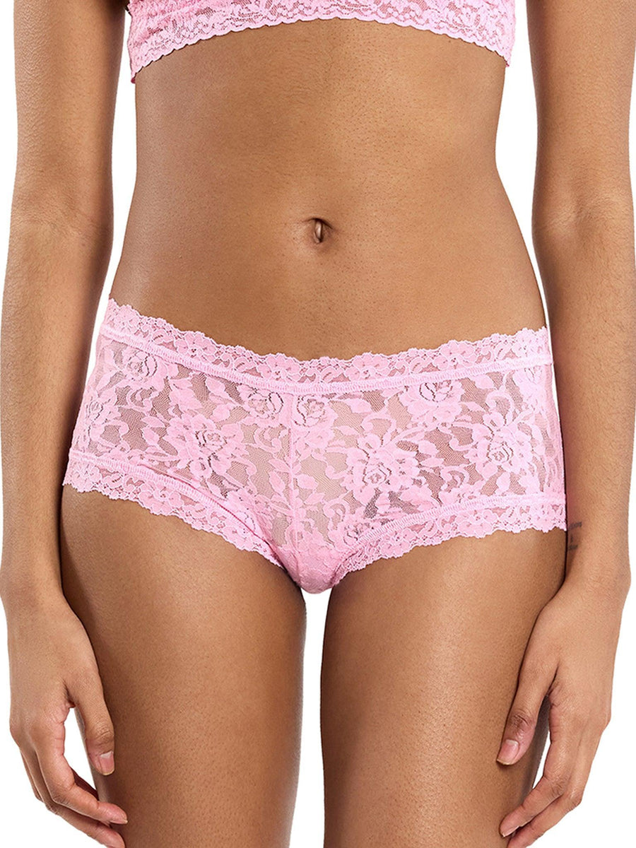 Strawberry Lemonade Pink Signature Lace® Boyshort - Front View, Mid Rise Lace Boyshort Panty | Hanky Panky