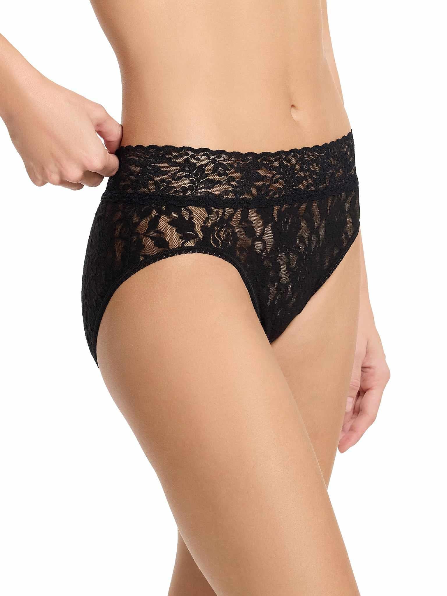 Black Signature Lace® French Brief - Side On-Model View, scalloped lace waistband detail | Hanky Panky