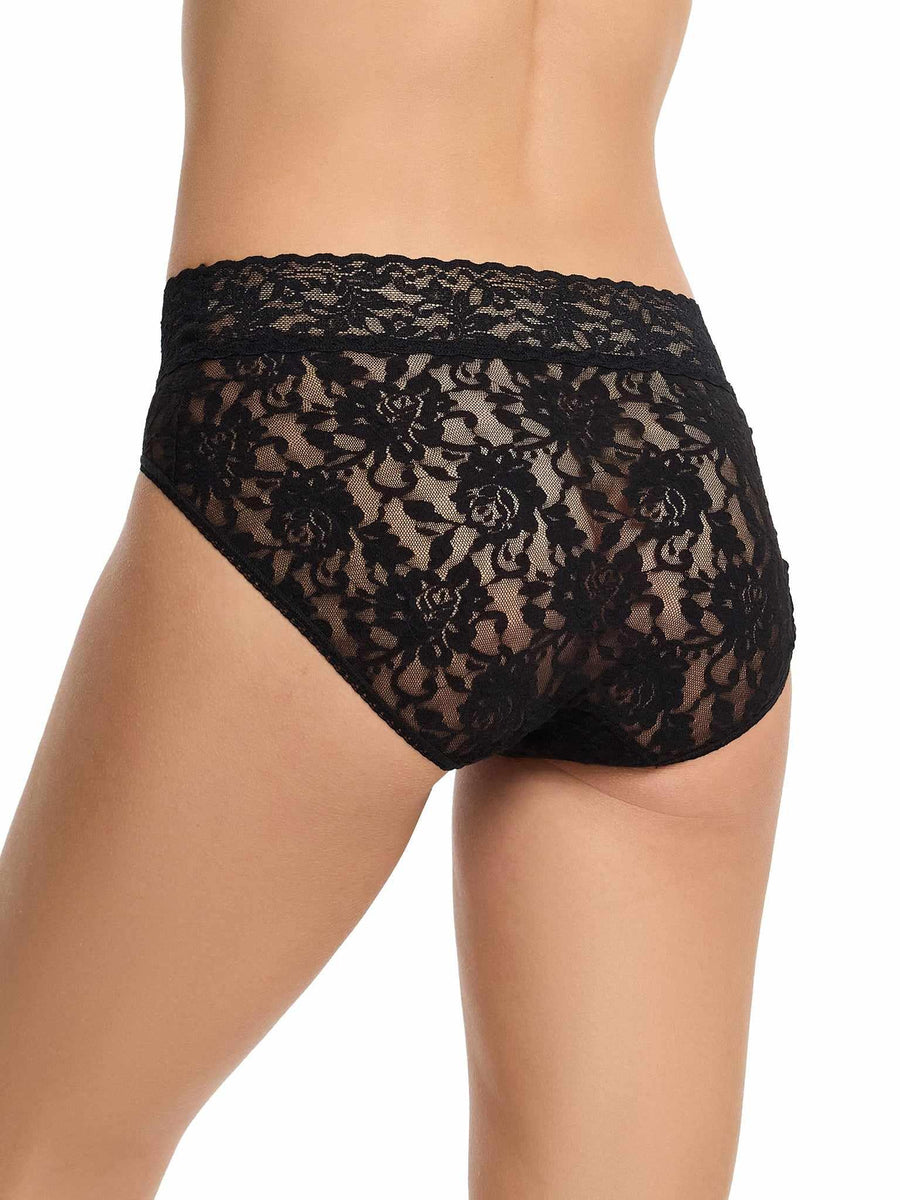 Black Signature Lace® French Brief - Back Angle On-Model View, sheer rose lace | Hanky Panky