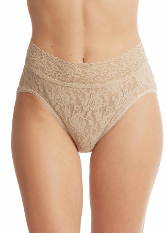 Chai Signature Lace® French Brief - Front View, high-rise scalloped lace waistband, beige lace panties | Hanky Panky